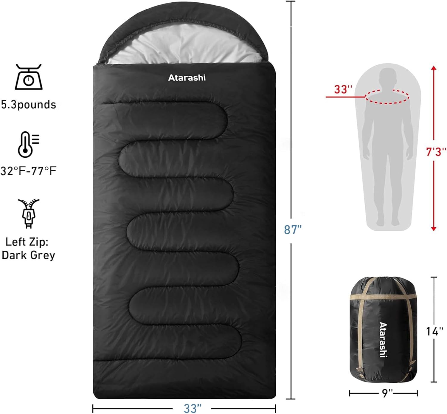 Atarashi Camping Sleeping Bag- 4 Seasons for Adults, Light, Warm, Extra-Large with Compression Sack- Great for Hiking, Backpacking & Outdoor Adventures