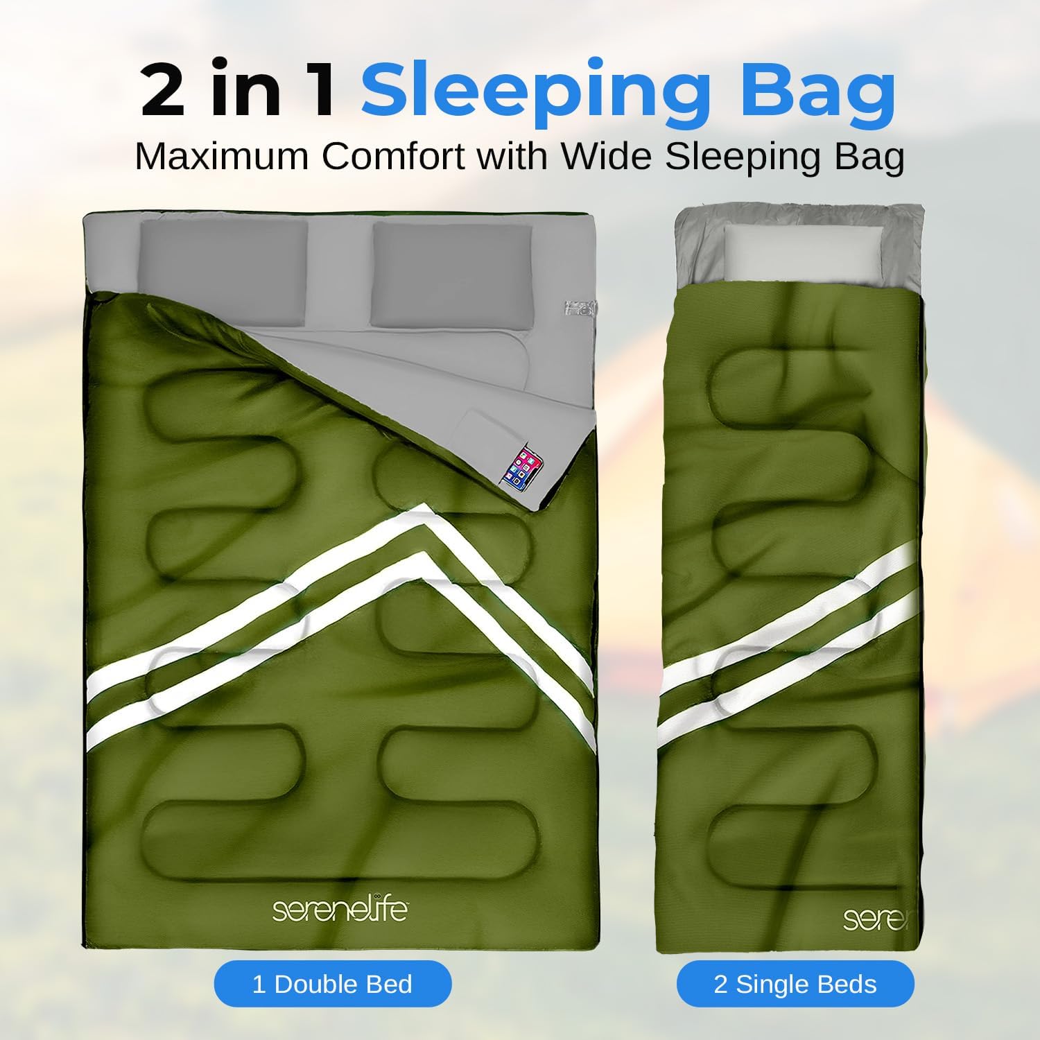 Alternative view of SereneLife Double Sleeping Bag with Pillows, Waterproof & Detachable for 2 Single Bags, Lightweight & Warm, Perfect for Camping, Hiking, Backpacking, and Cold Weather, Suitable for Temperatures 5-10°F