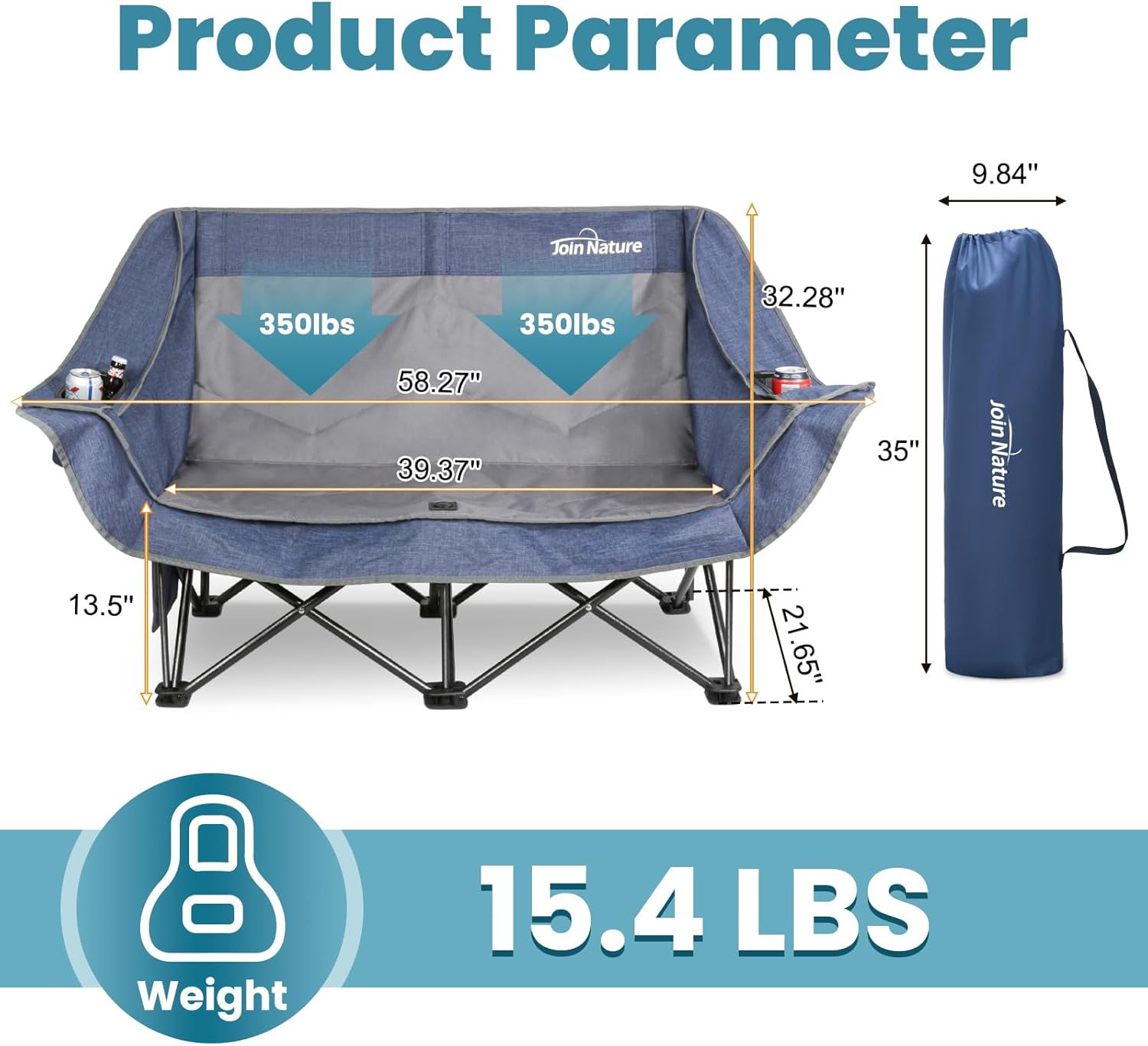 Alternative view of 700lbs Capacity Double Camping Chair for 2 Adults - Low-Profile Outdoor Loveseat with XL Cup Holders & Storage Pockets, Heavy Duty Folding Couch for Camping, Lawn, Backyard (Navy Blue)