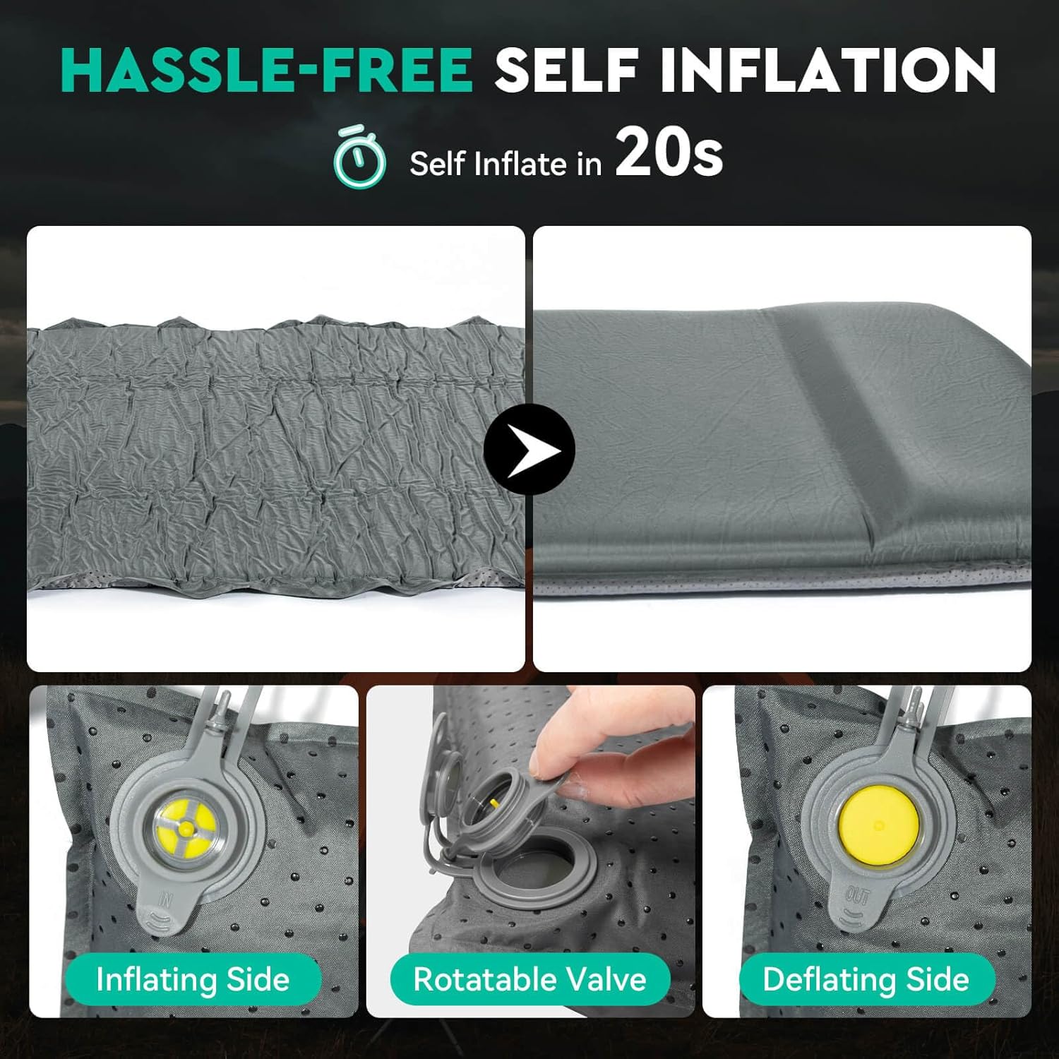 Alternative view of Hikenture Self Inflating Sleeping Pad for Camping, 3'' Ultra Thick Camping Pad with Pillow, 9.5 R-Value Insulated Camping Mattress, 4-Season Inflatable Foam Camping Mat for Car, Tent, Cot