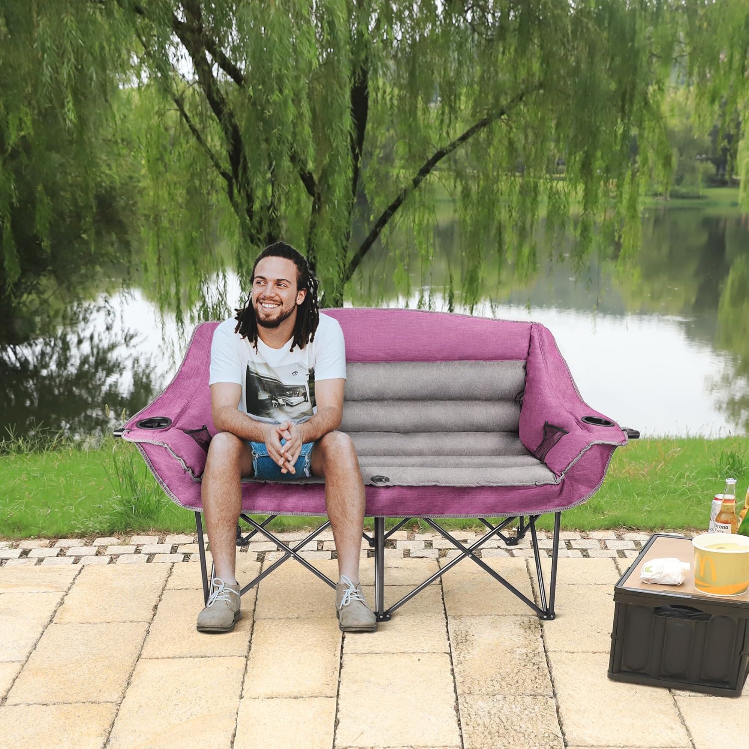 Northroad Oversized Double Camping Chair, Fully Padded Loveseat, Heavy Duty Folding Duo Chair w/Cup Holders, Armrests & Carry Bag, Supports up to 600lbs, Purple
