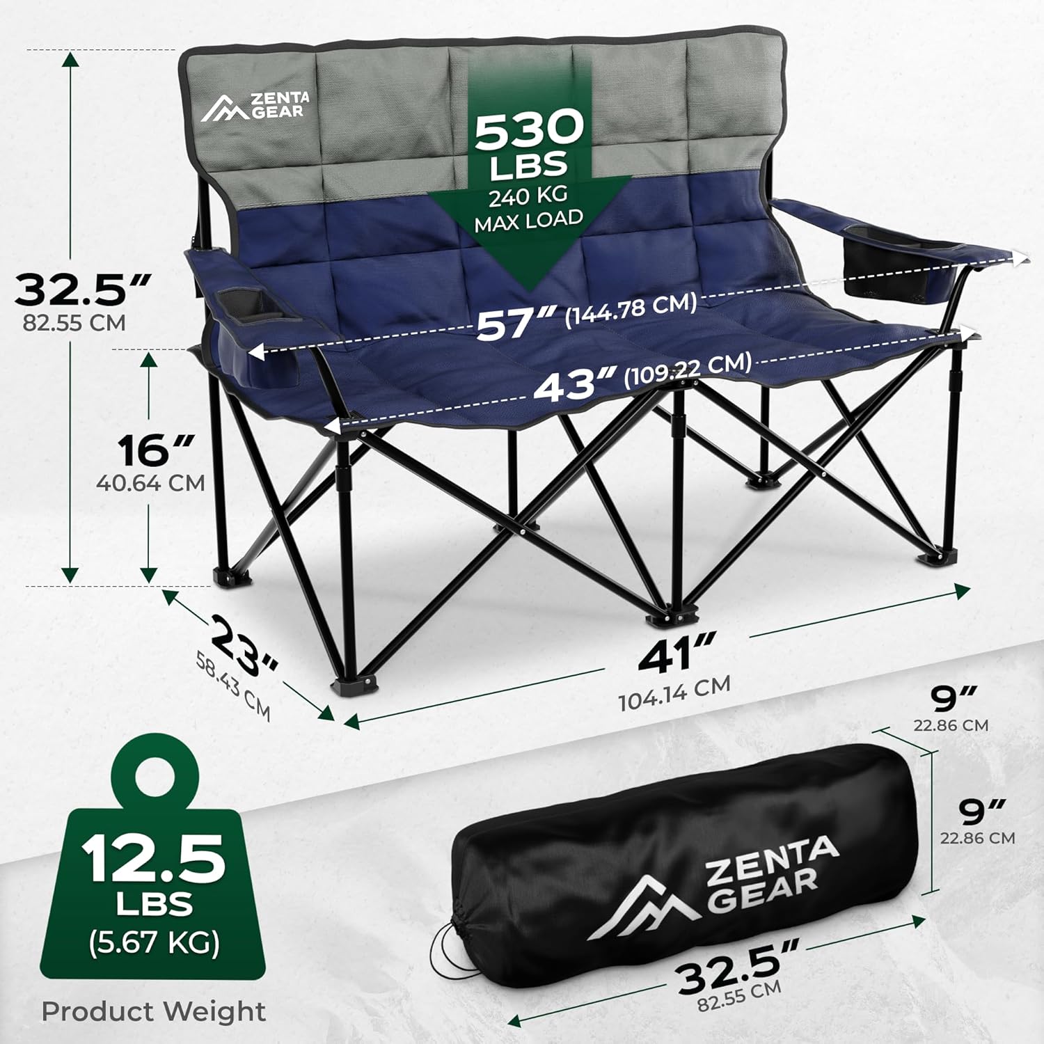 ZENTA GEAR Oversized Fully Padded Double Camping Chair, Portable Folding Loveseat w/Side & Back Pockets, Adjustable Armrests, Double-Sized Cup Holders for Outdoor, Indoor, Supports 530LBS (Dark Navy)
