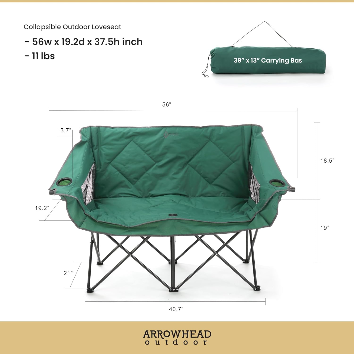 Alternative view of ARROWHEAD OUTDOOR Portable Folding Double Duo Camping Chair Loveseat w/ 2 Cup & Wine Glass Holder, Carrying Bag, Supports up to 500lbs