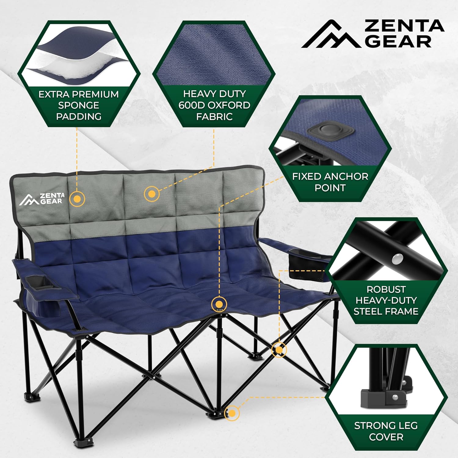 Alternative view of ZENTA GEAR Oversized Fully Padded Double Camping Chair, Portable Folding Loveseat w/Side & Back Pockets, Adjustable Armrests, Double-Sized Cup Holders for Outdoor, Indoor, Supports 530LBS (Dark Navy)