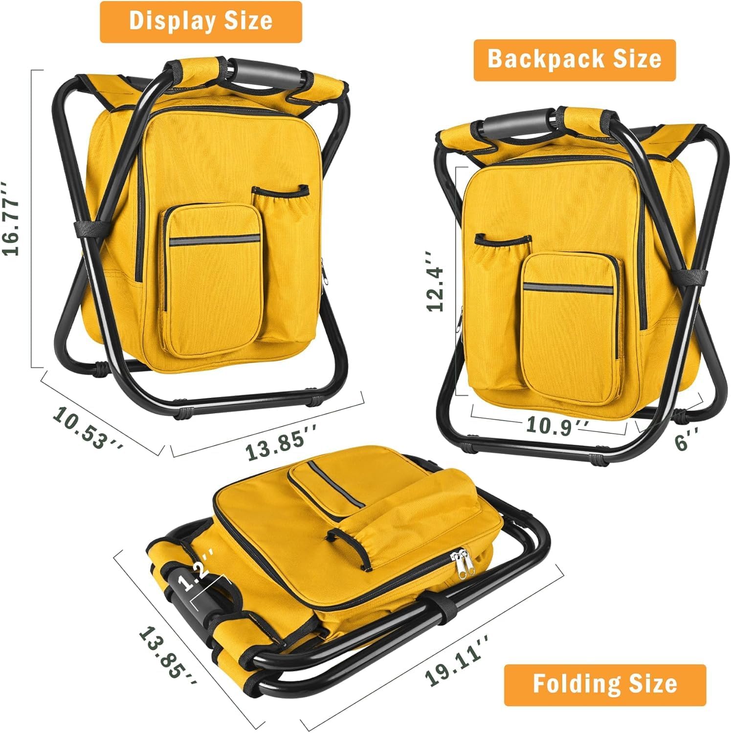 Kikerike Backpack Stool Cooler Chair Heavy Duty 300 LBS Max Load Portable Lightweight Stool Backpack Folding Fishing Cooler Seat for Camping Hunting Fishing - Yellow