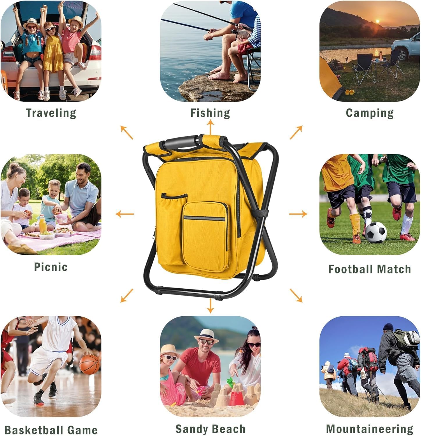 Alternative view of Kikerike Backpack Stool Cooler Chair Heavy Duty 300 LBS Max Load Portable Lightweight Stool Backpack Folding Fishing Cooler Seat for Camping Hunting Fishing - Yellow
