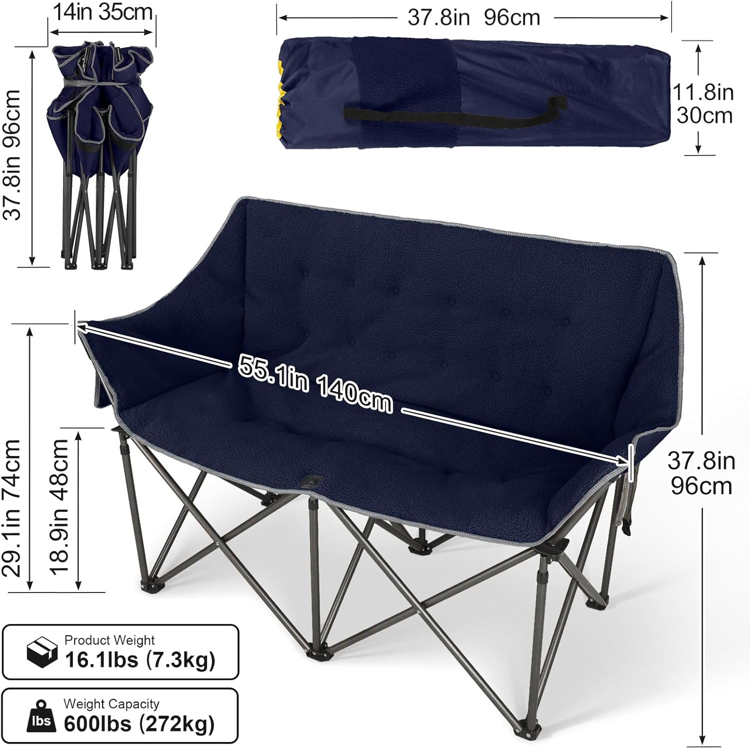 Double Camping Chairs-Padded Loveseat Camp Couch for 2 Person,Heavy Duty Sofa Folding Lawn Chair with Cushion for Backyard,Sports,Patio and Home Use,Deep Blue