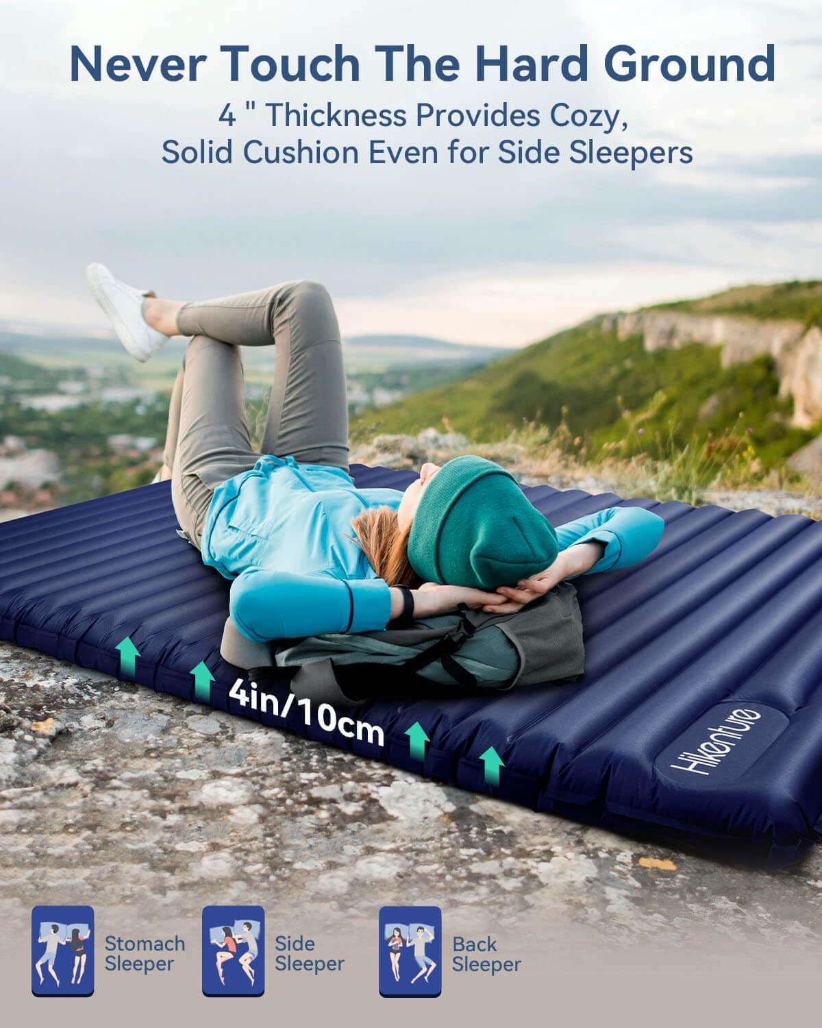 Alternative view of Hikenture Double Sleeping Pad for Camping, Ultralight 4" Extra-Thick Camping Mattress 2 Person, Inflatable Backpacking Sleeping Mat, Hiking Air Mattress for Tent (Foot Pump)