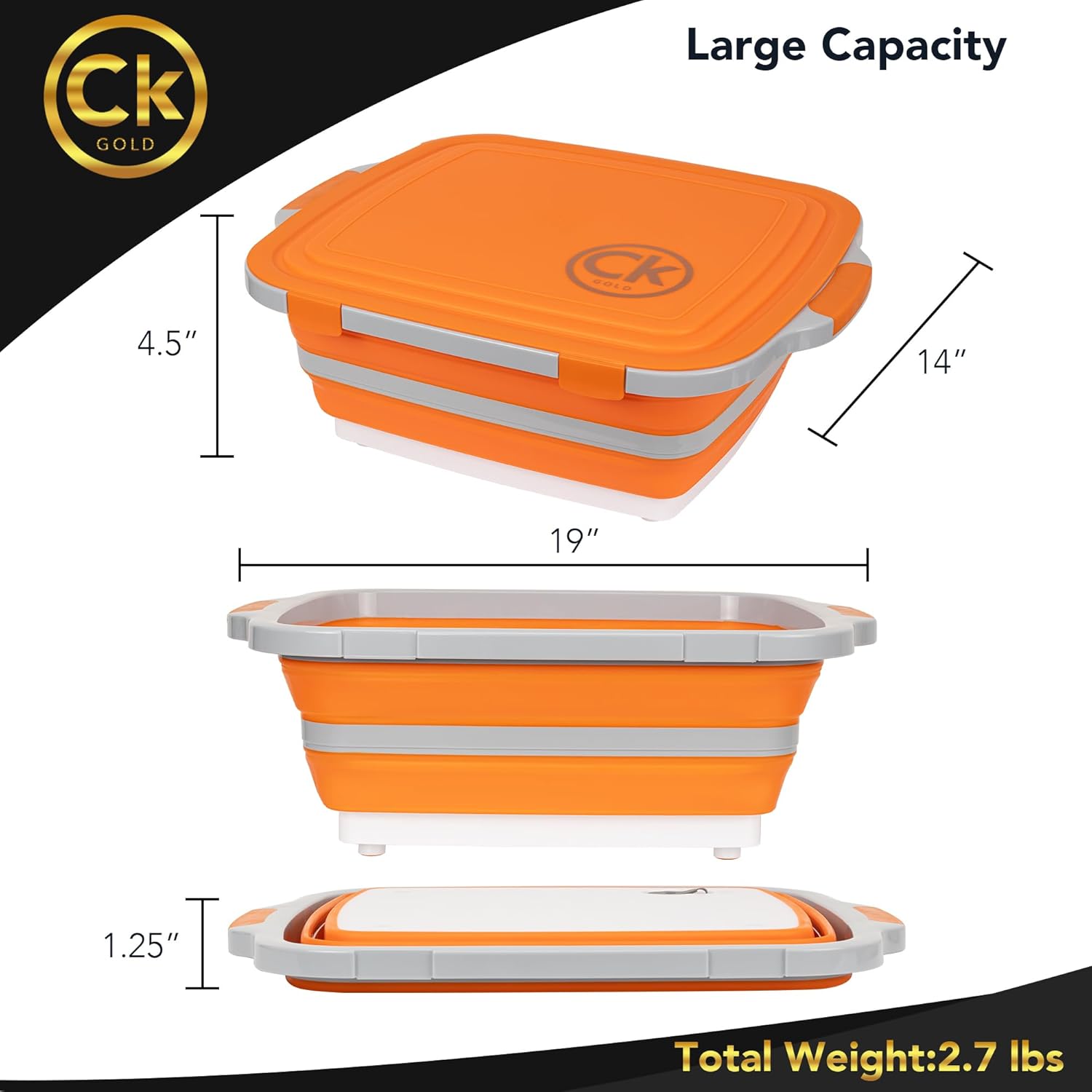 Alternative view of New XL Collapsible BBQ Prep Tub wtih LOCKING Lid, Cutting Board & Drain Hole | BPA-Free, Food-Grade, Recyclable, Space-Saving Caddy for Grilling, Camping, Kitchen & Outdoor Cooking (Orange, 16 Liters)