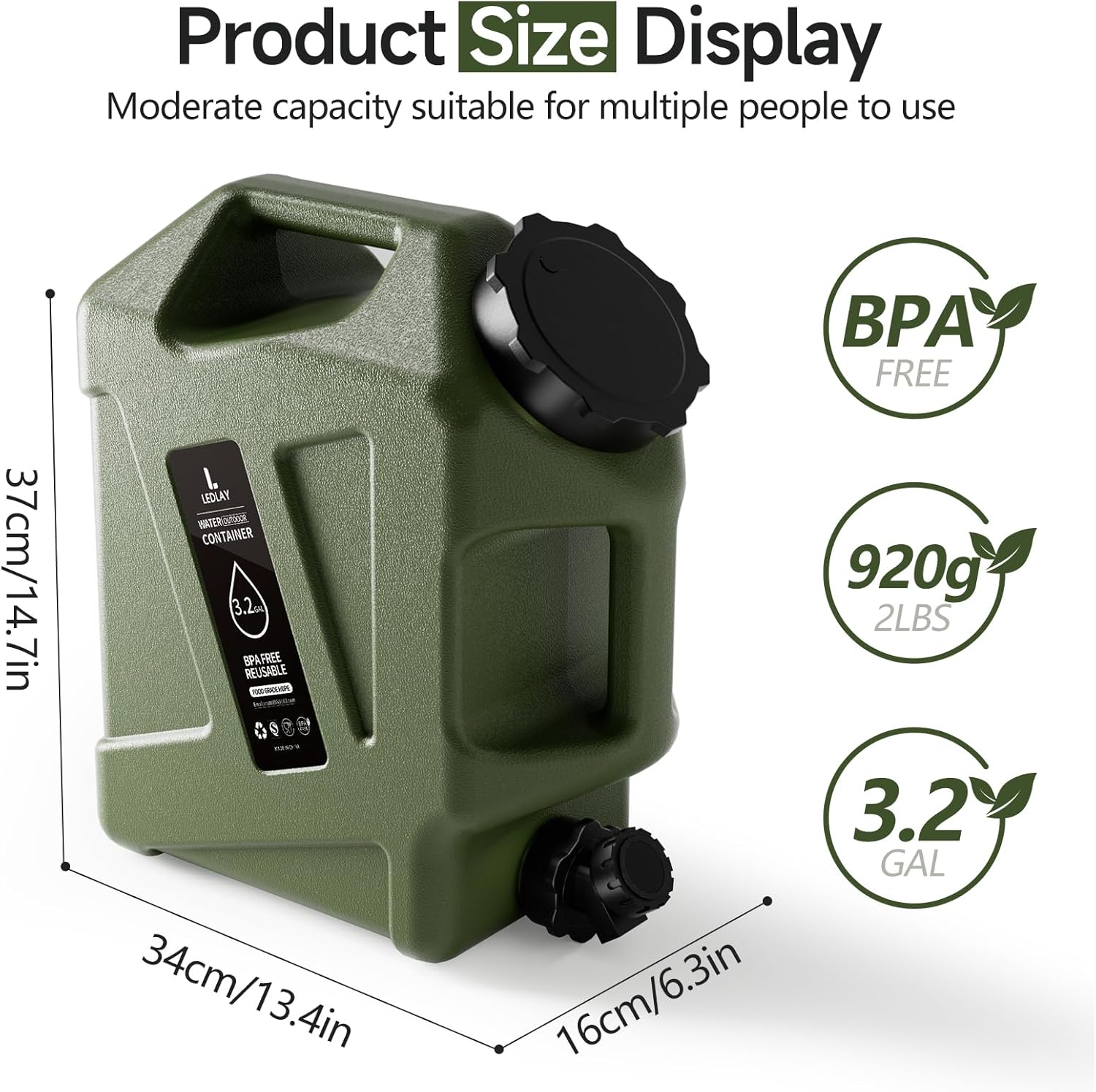 Alternative view of LEDLAY 3.2GAL Camping Water Jug, Portable Water Storage Container with Spigot, Leak-Proof Lid & Dual Handles, Outdoor Water Tank for Camping, RV, Emergency Preparedness