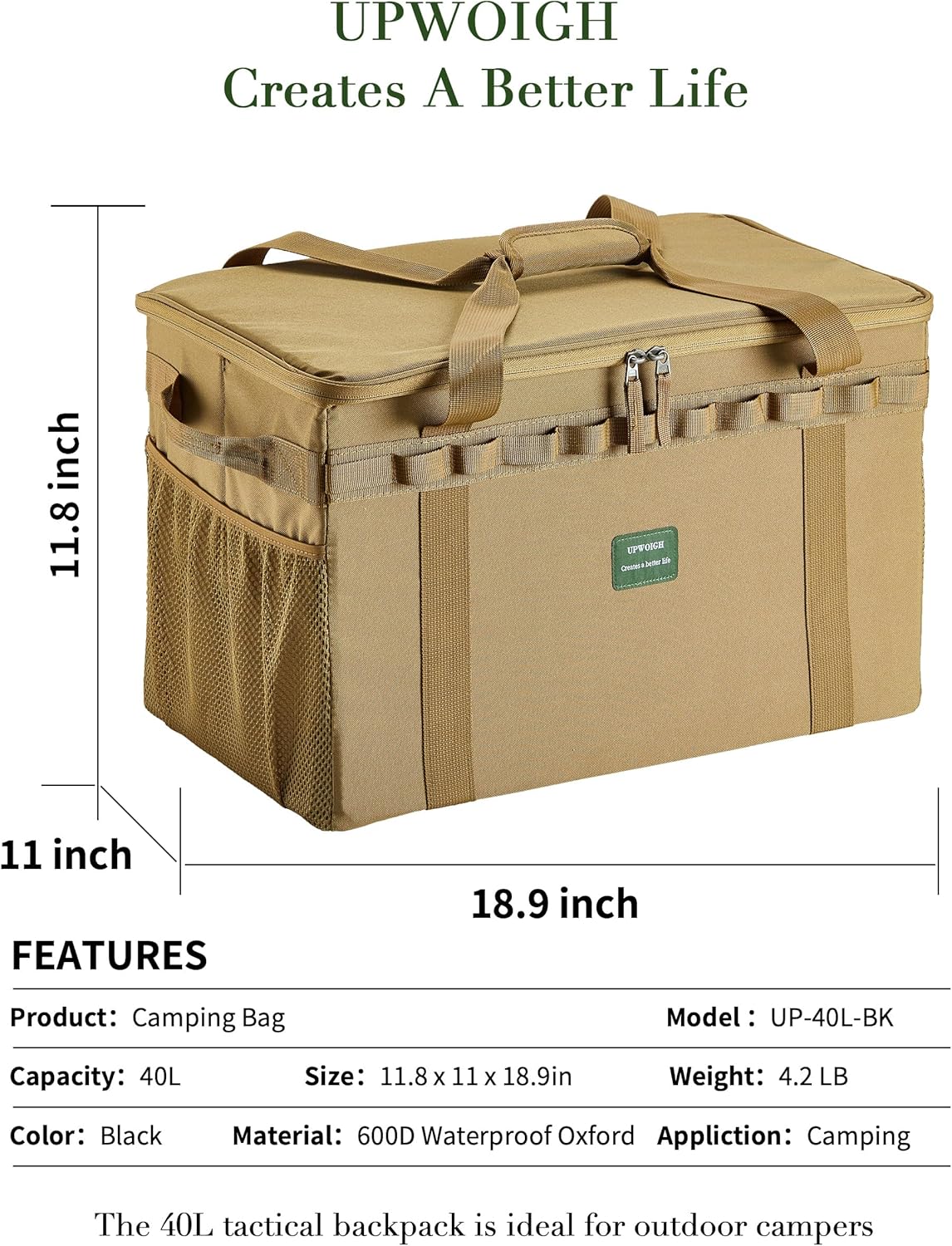 UPWOIGH Tactical Camping Storage Bag 40L u2013 Heavy Duty Duffel with Waterproof Bottom, Collapsible Organizer with 2 Adjustable Dividers, 600D Oxford Fabric, Brown Overlanding Gear