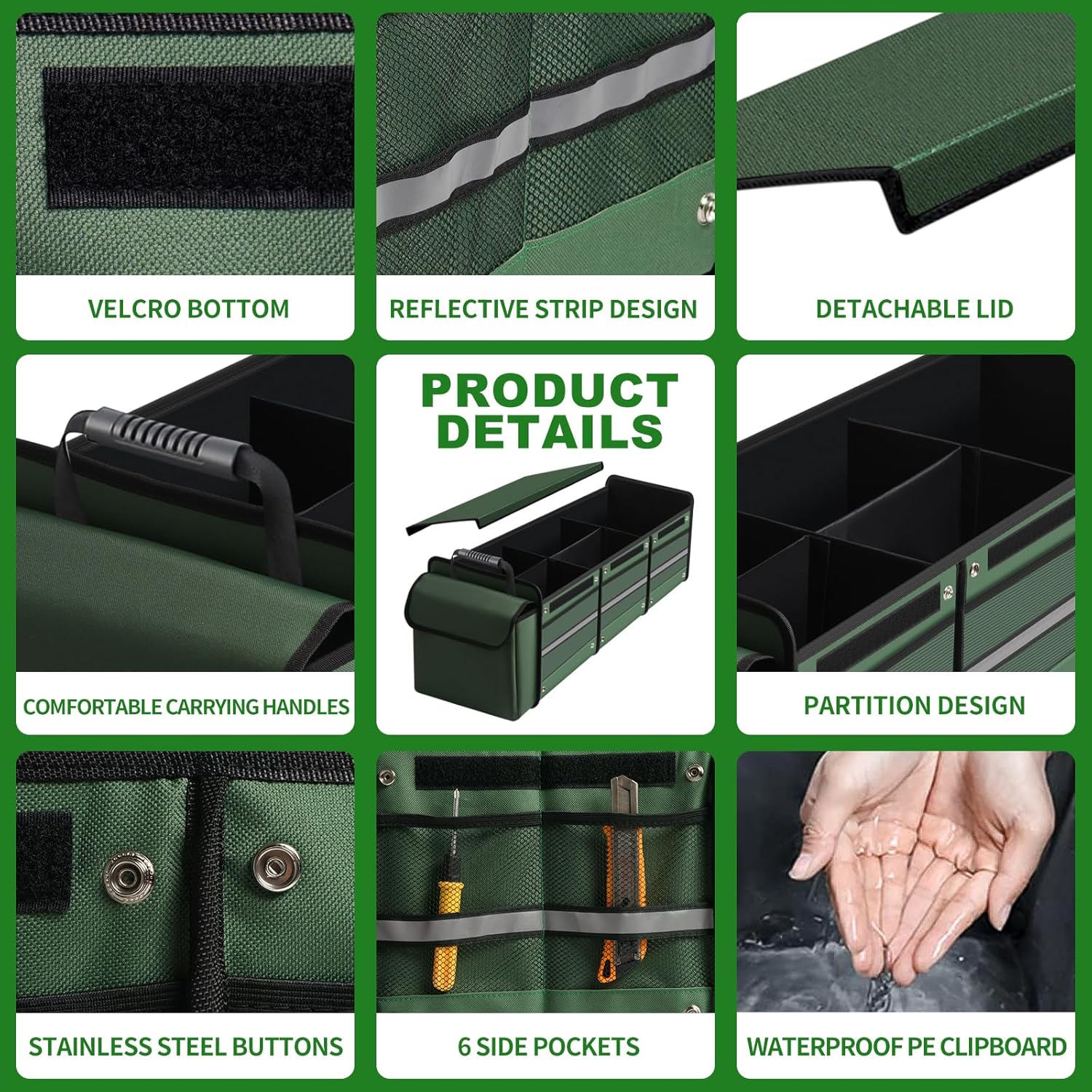 Snuopfy Car Trunk Organizer,115L Heavy Duty Collapsible Trunk Storage, with Insulated Leakproof Cooler Bag Vehicle Cargo Organizer with Lid, 3 Compartments, Straps For Car,Suv,Jeep,Sedan-Green