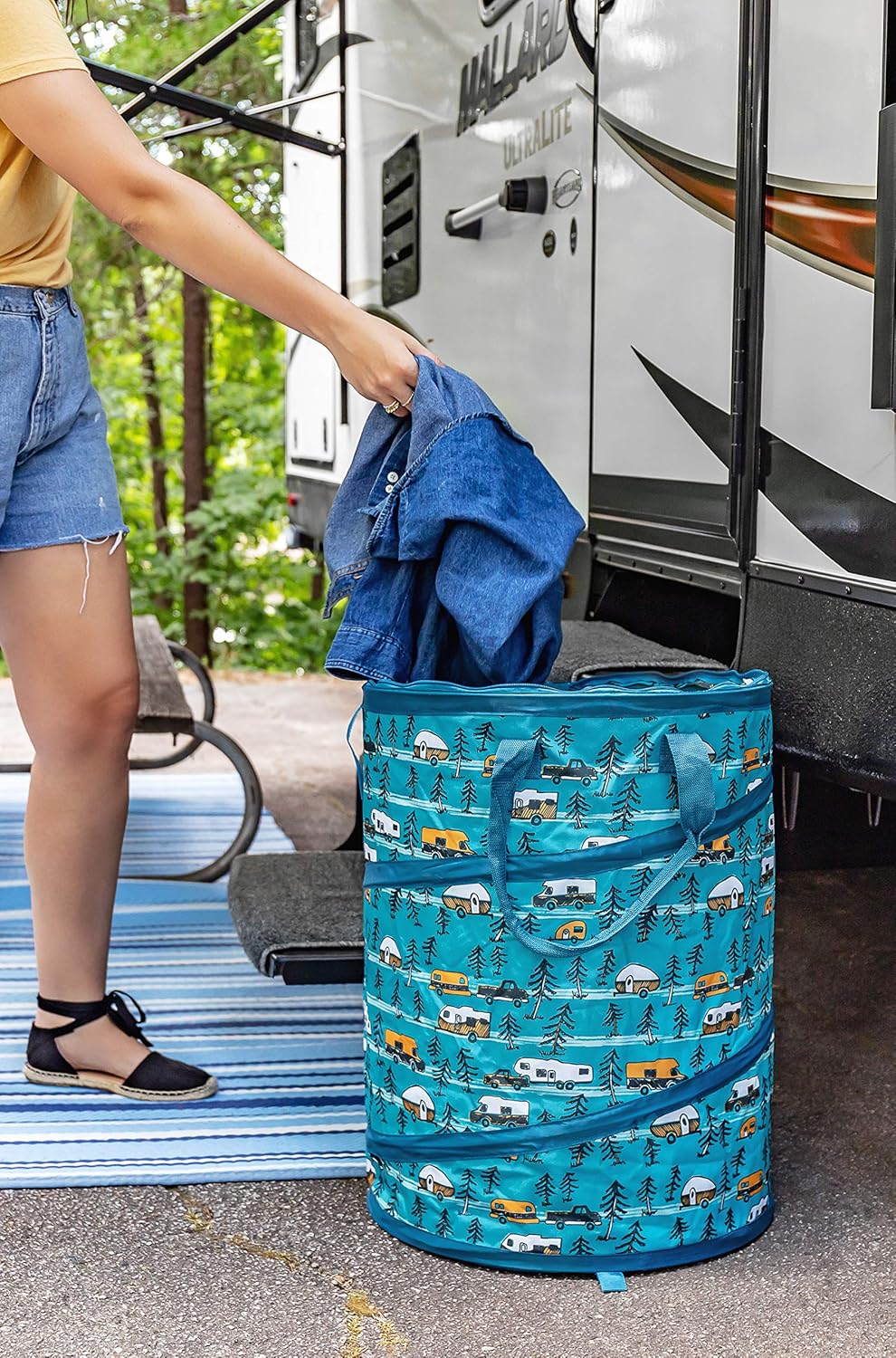 Camco Life is Better at The Campsite Pop-Up Utility Container - 18 x 24-inch - A Compact Size for Multi-Purpose Use - Sketched RVs and Trees Pattern (42987)