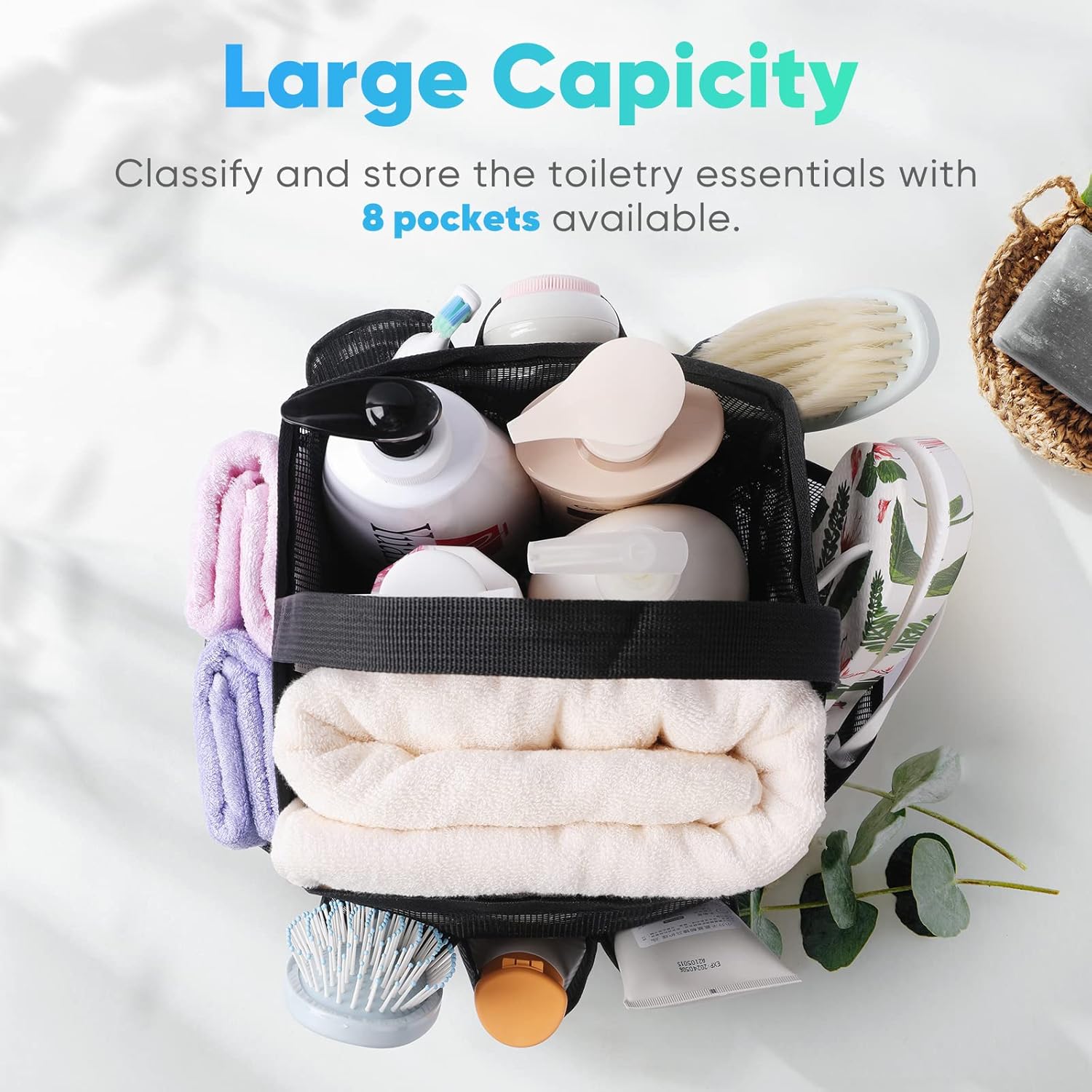 Alternative view of Eudele Mesh Shower Caddy Portable for College Dorm Room Essentials, 8-Pocket Large Capacity Shower Bag for Beach, Swimming, Gym