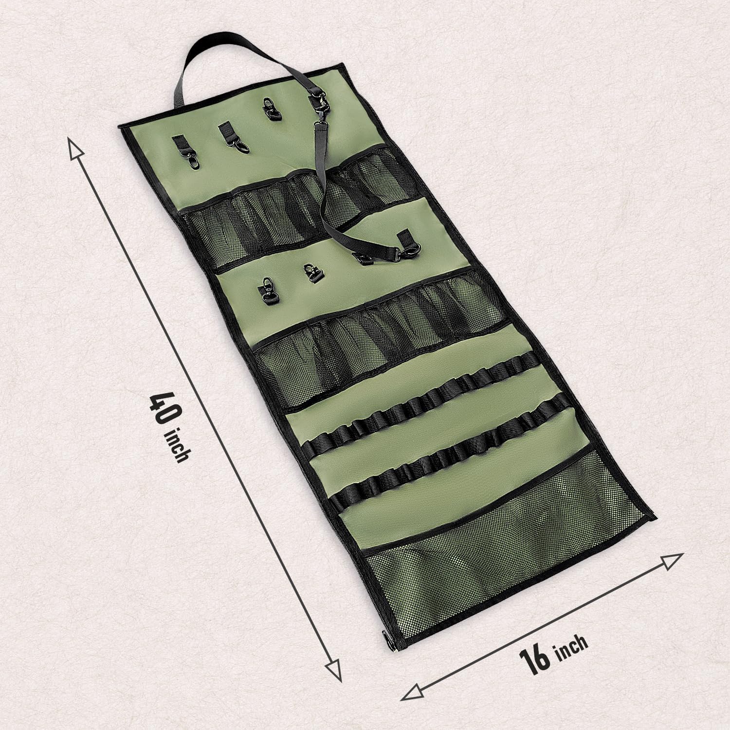 Hanging Storage Canopy Organizer for Camping Supplies & Gear, 2 in 1 Strap & Pocket Organizer with 8 Hooks, 9 Net Pockets & 28 Knots & Paper Towel Storage