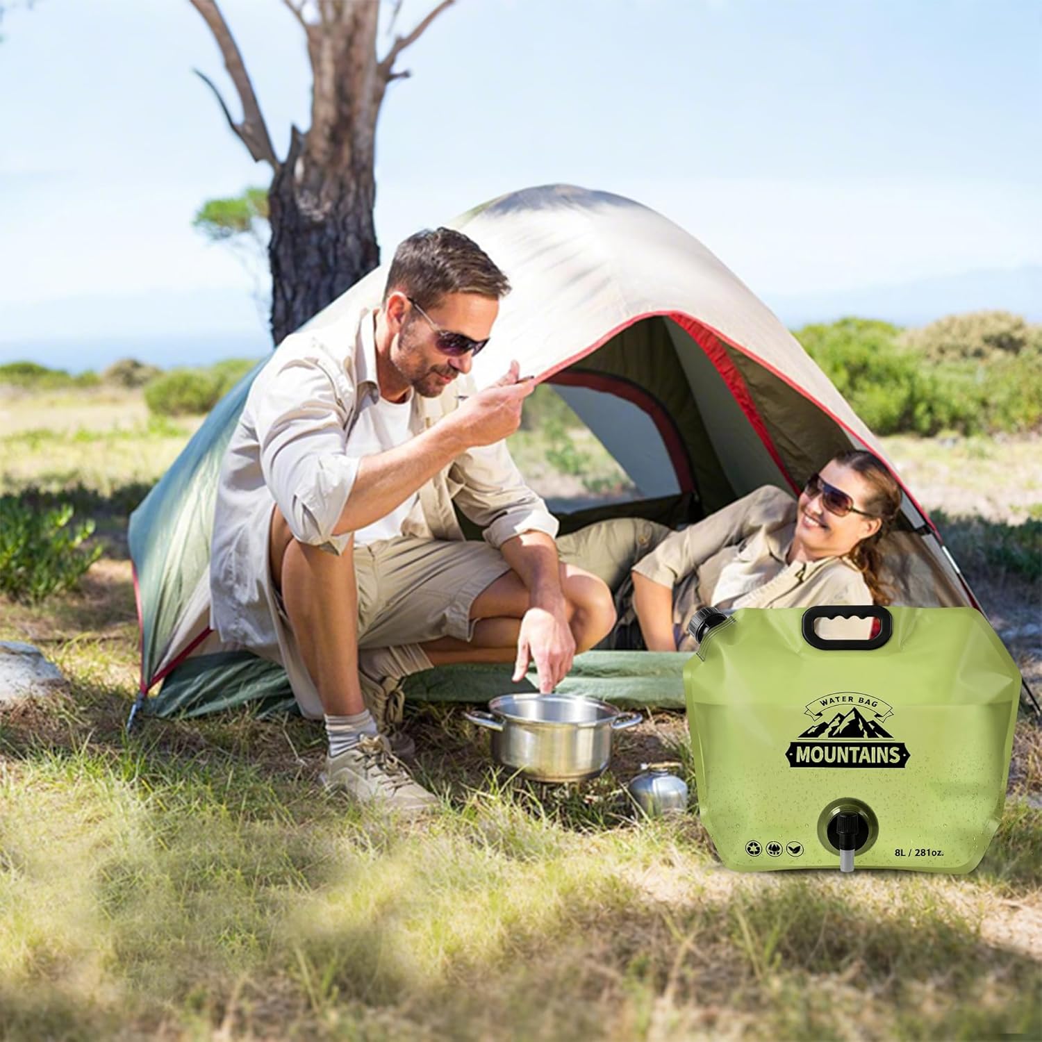 MRBULLOCK Collapsible 8L Water Storage Bag, BPA-Free Portable Folding Water Jug with Adjustable Faucet, Leakproof Emergency Water Bag for Camping, Hiking, Riding, Outdoor Sport (1, Green)