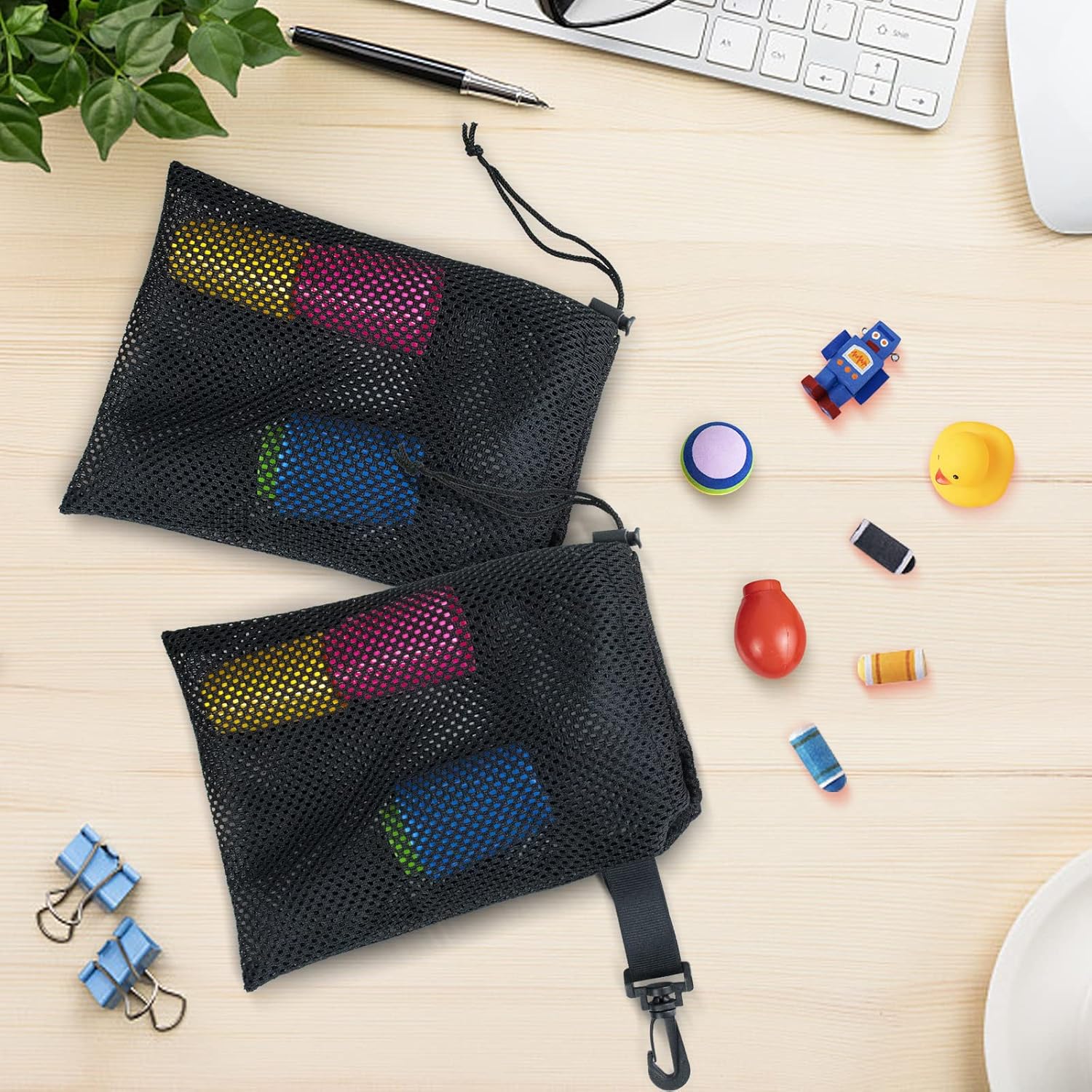 Riuog 10 PCS With Clips Mesh Drawstring Bags, Portable Nylon Storage Bags for toy,Sports Storage,Outdoor activities etc. (7.9x11.8in)