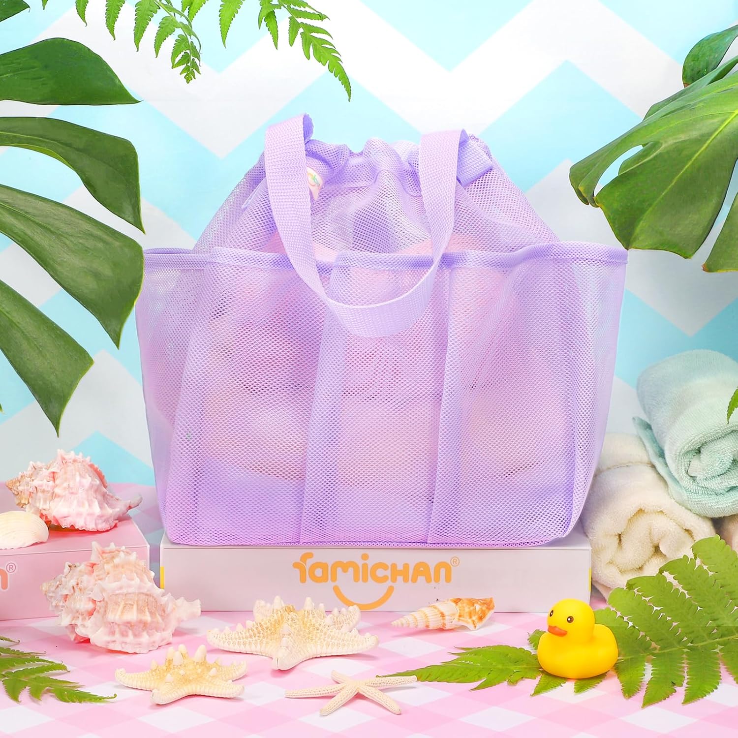 famichan Mesh Shower Caddy Portable with Drawstring, Dorm Room Essentials for College Students Girl & Boy, Larger Shower Bag for Camping,Swimming,Gym,Travel,Bathroom - Purple