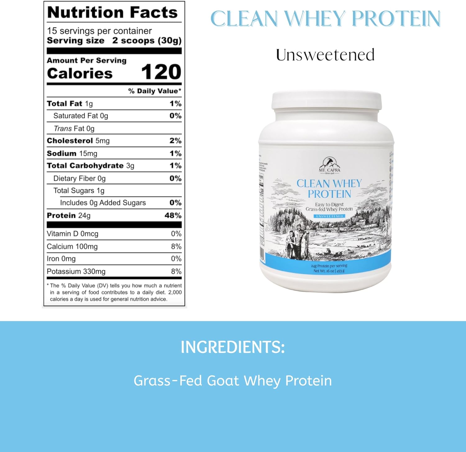Mt. Capra Clean Whey Protein | Grass-Fed Undenatured Goat Whey Protein Powder | 24 g Protein Per Serving, All Natural, Non-GMO, High in Branch Chain Amino Acids | Unsweetened | 15 Servings - 16 oz