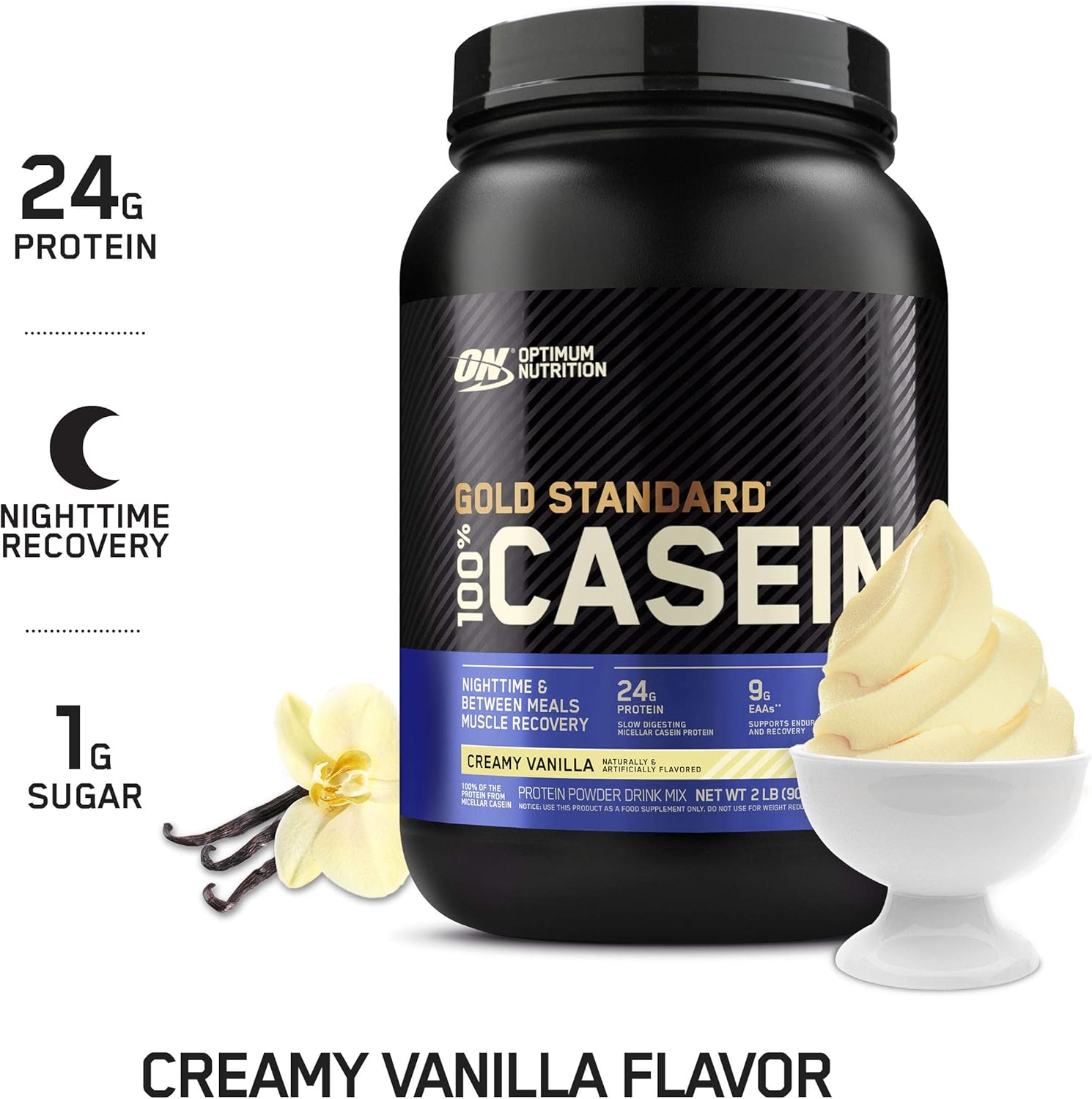 Optimum Nutrition Gold Standard 100% Micellar Casein Protein Powder, Slow Digesting, Helps Keep You Full, Overnight Muscle Recovery, Creamy Vanilla, 1.81 Pound (Packaging May Vary)
