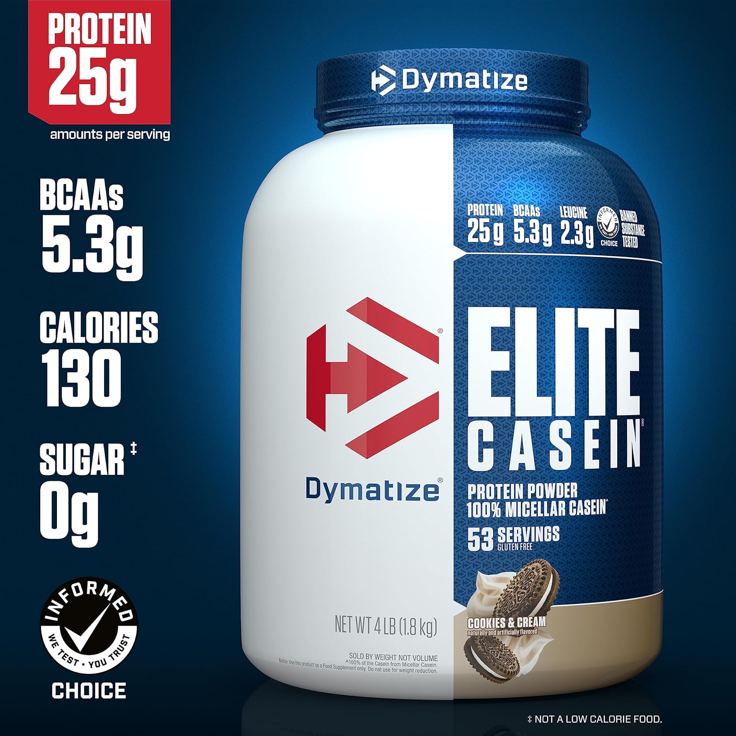 Dymatize Elite Casein Protein Powder, Cookies & Cream, 100% Micellar Casein, 25g Protein, 5.4g BCAAs, 2.3g Leucine, Slow Absorbing for Overnight Muscle Recovery, 4 lb (53 Servings)