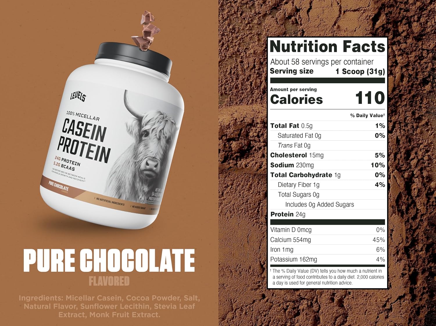 Alternative view of Levels 100% Micellar Casein Protein, Hormone Free, Chocolate, 4LB