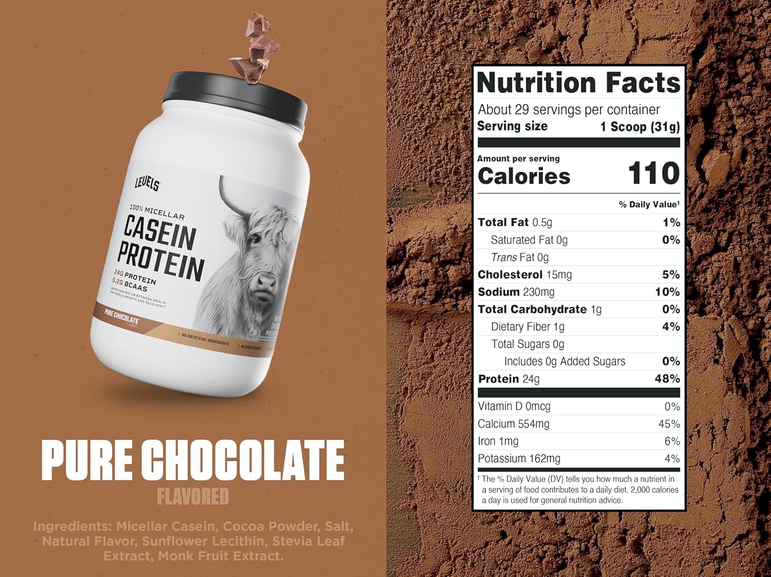 Alternative view of Levels 100% Micellar Casein Protein, Hormone Free, Chocolate, 2LB