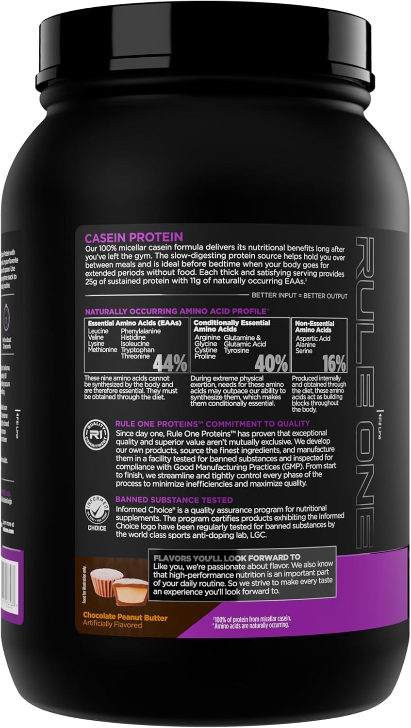 Alternative view of Rule 1 Casein Protein - 25g Protein and 11g EAAs Per Serving from Slow-Release Micellar Casein for Overnight Recovery and Sustained Delivery Between Meals (2 Pounds, Chocolate Peanut Butter)
