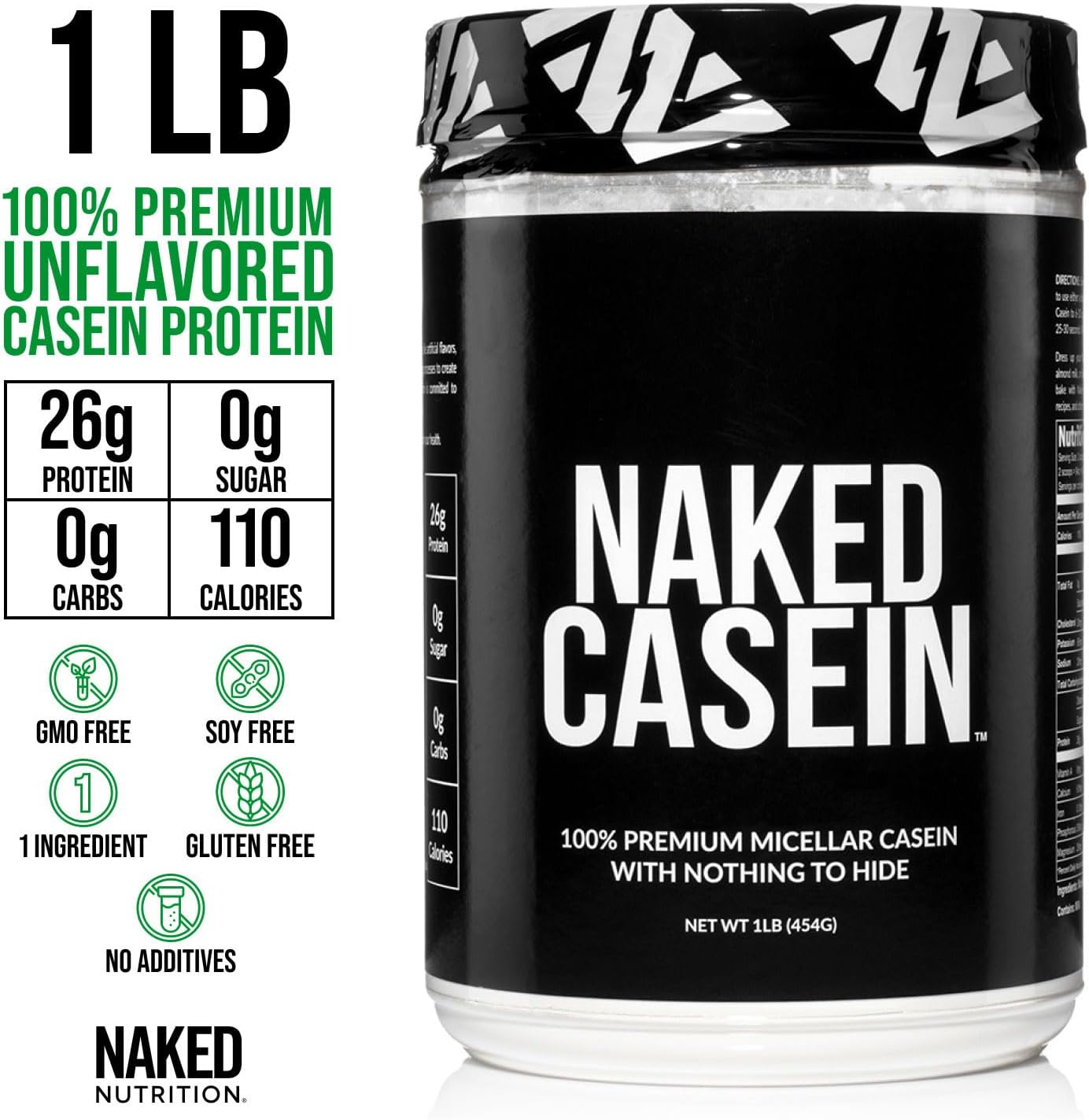 NAKED Casein - 1Lb Micellar Casein Protein - Bulk, Zero Carb, GMO-Free, Gluten Free, Soy Free, Preservative Free - Stimulate Muscle Growth - Enhance Recovery - 15 Servings
