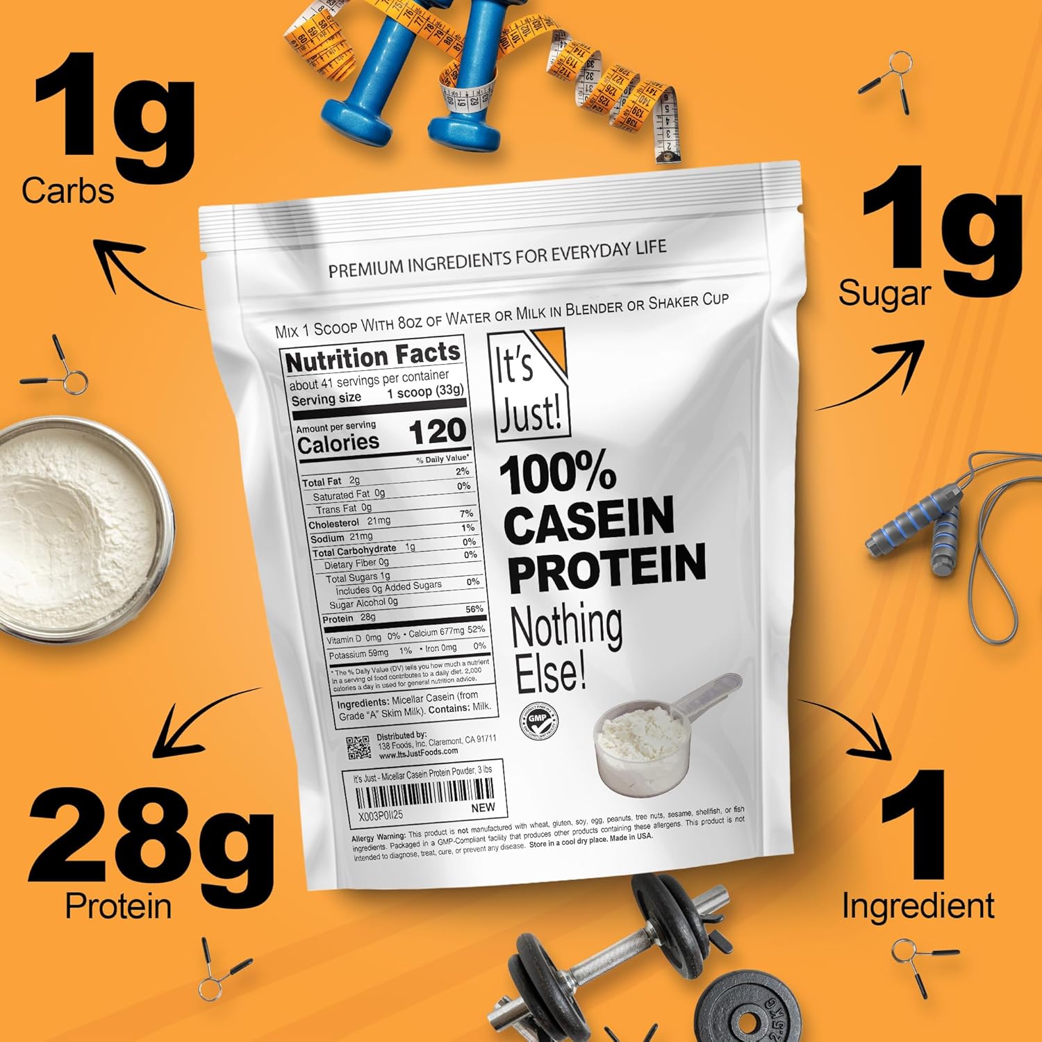 Alternative view of It's Just! - 100% Casein Protein Powder, Made in USA, One Ingredient, Slow Burning, Time Release (1 Pound (Pack of 1), Unflavored)