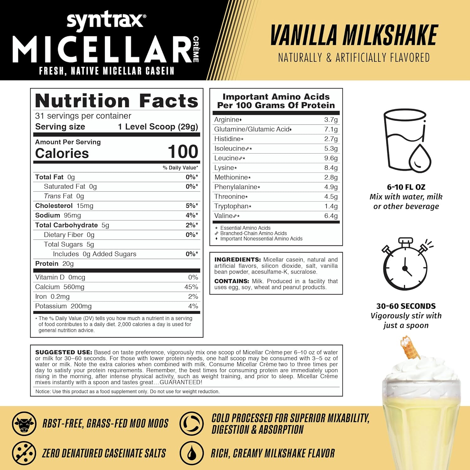 Alternative view of Syntrax Nutrition Micellar Creme Protein Powder, Fresh, Native Micellar Casein, Vanilla Milkshake, 2 lbs