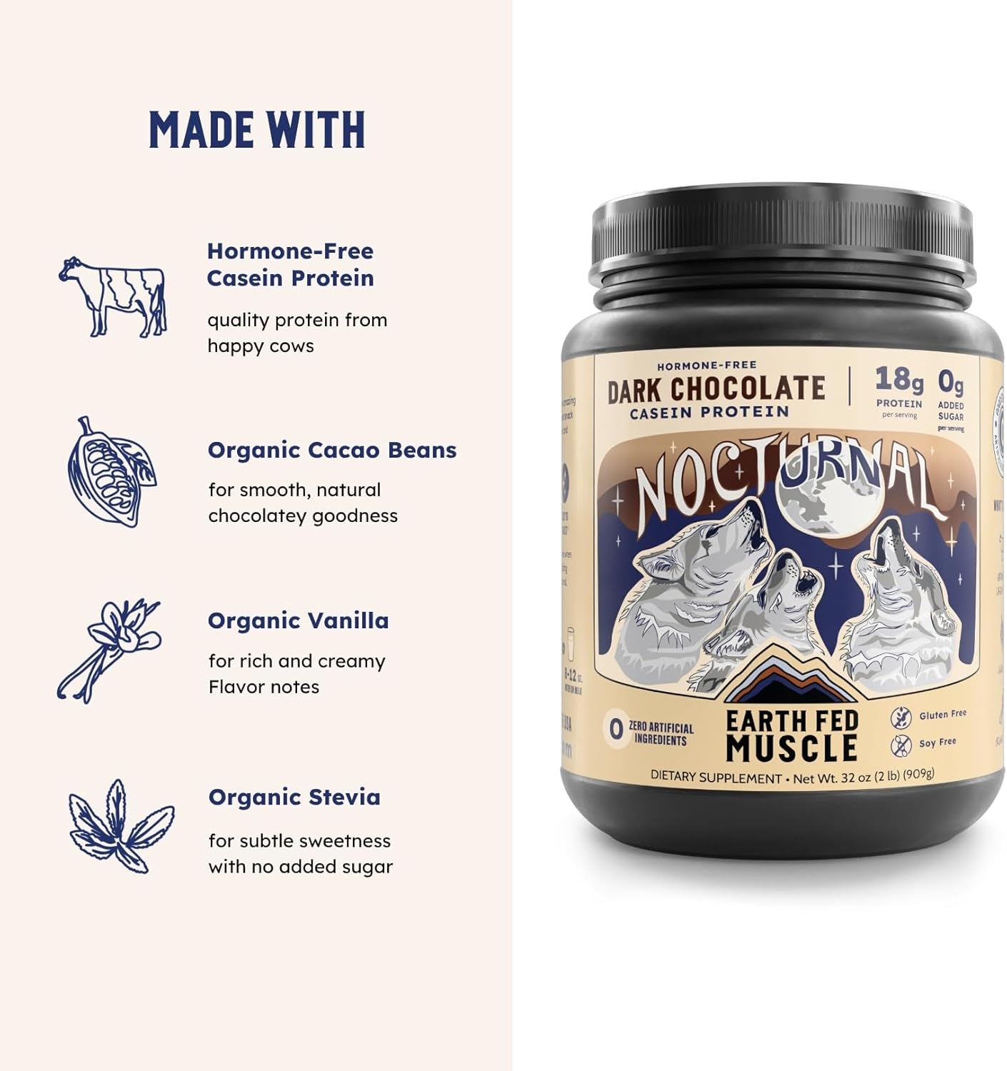 Alternative view of Earth Fed Muscle Nocturnal Casein Protein Powder – Dark Chocolate Protein Powder with Whey Blend – 18g Protein, Sugar Free, Gluten Free – Nighttime Recovery Protein Poweder – 2lb, 23 Servings