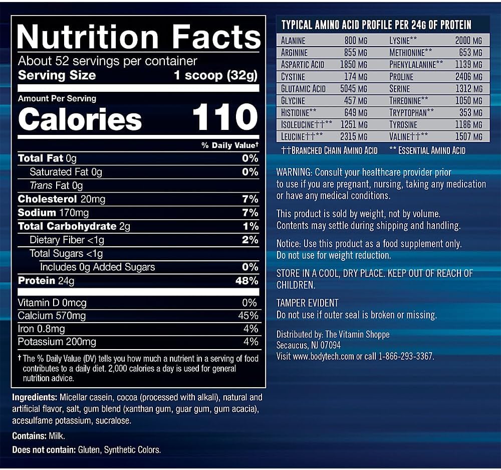 BODYTECH Micellar Casein Protein Powder - Slow-Release for Overnight Muscle Recovery - 24g Protein per Serving - Rich Chocolate (4 lb)