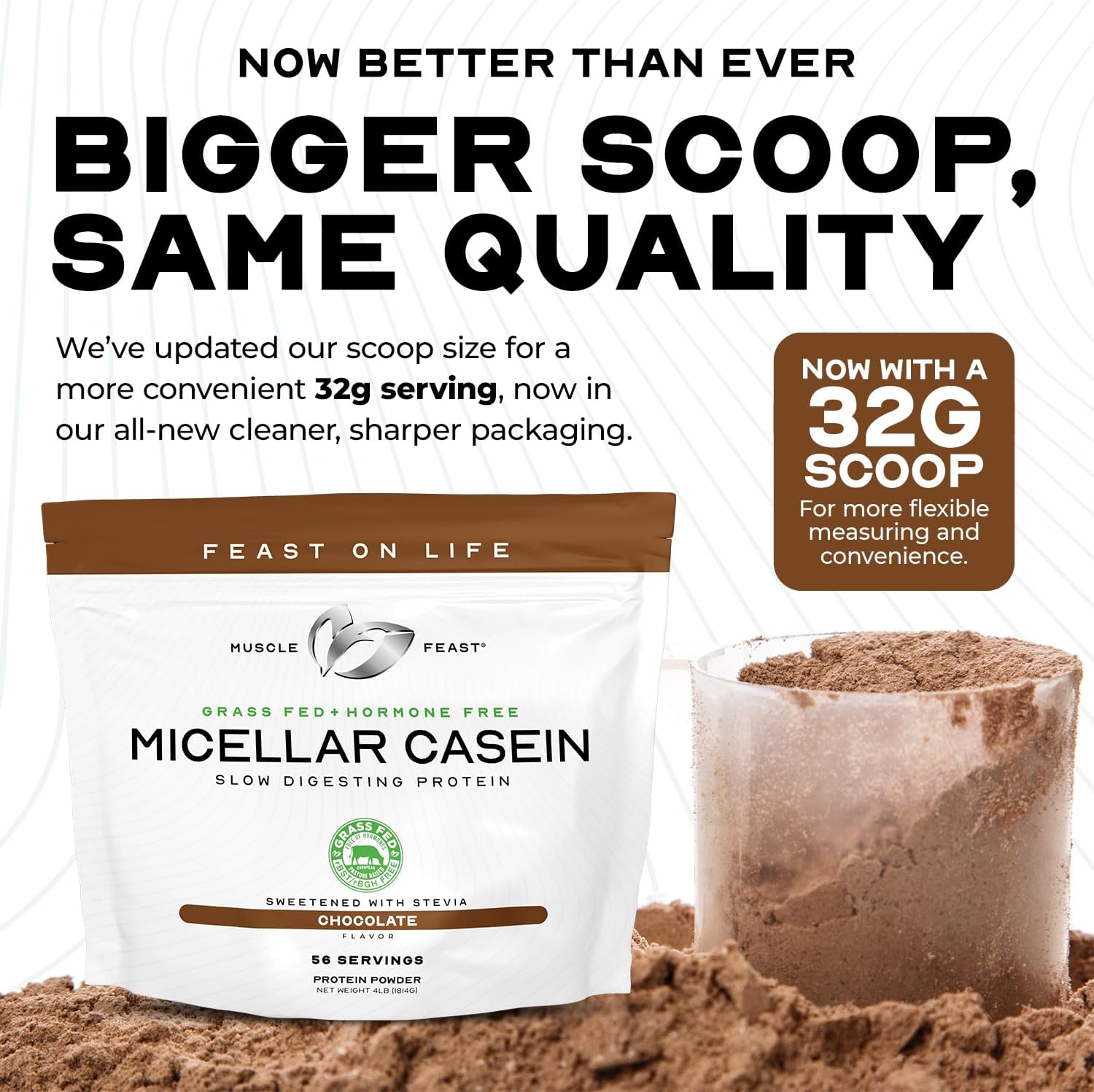 Alternative view of Muscle Feast Grass Fed Micellar Casein Protein Powder, Pasture Raised & Hormone Free, Slow Digesting Casein Protein - Supports Overnight Muscle Recovery, Gluten Free Protein Powder - Chocolate, 4lb
