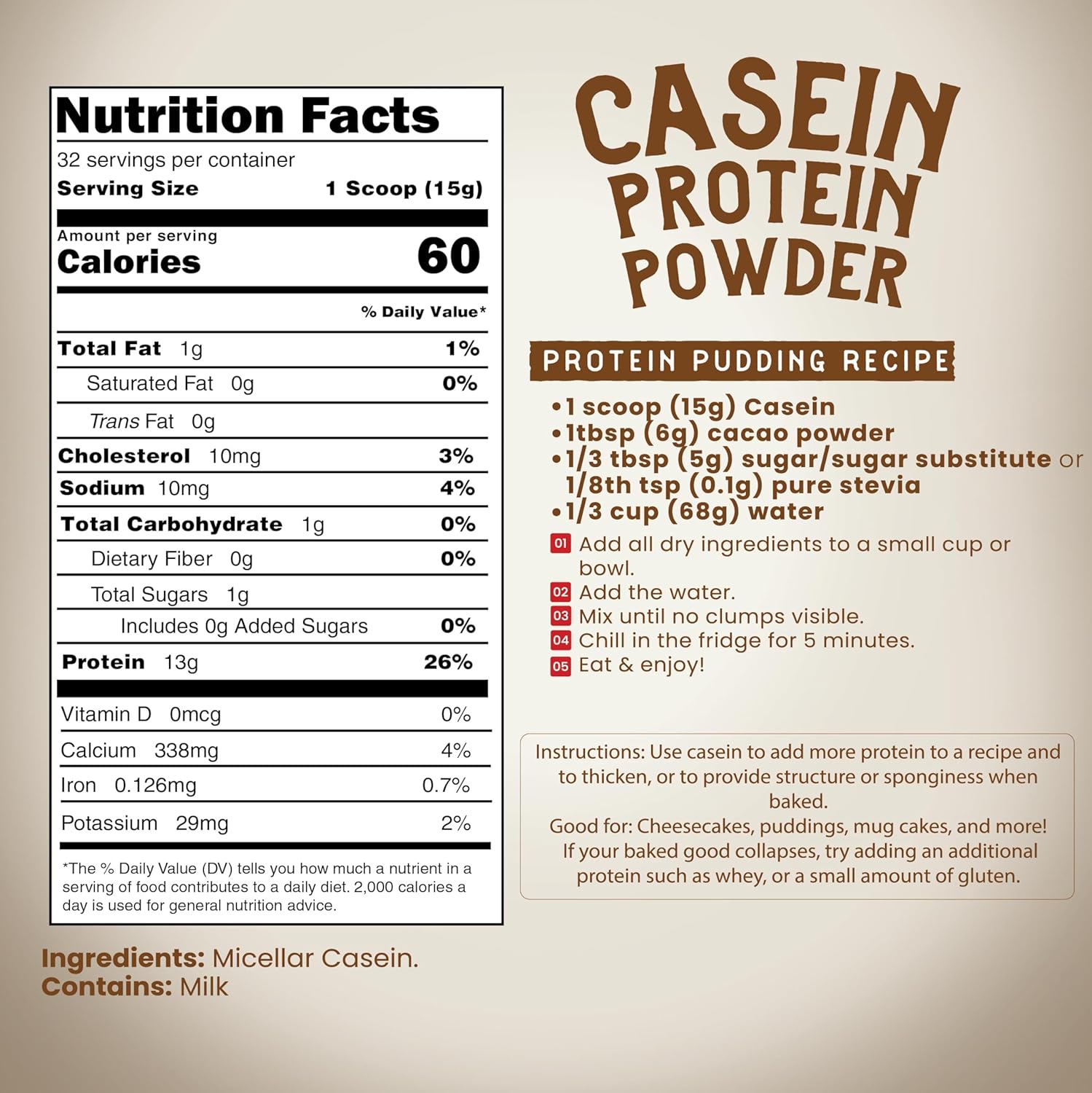 Casein Protein Powder, Pure Micellar Casein, Gluten Free, for Baking high Protein Low Calorie Snacks, no sweeteners, 1.1lb