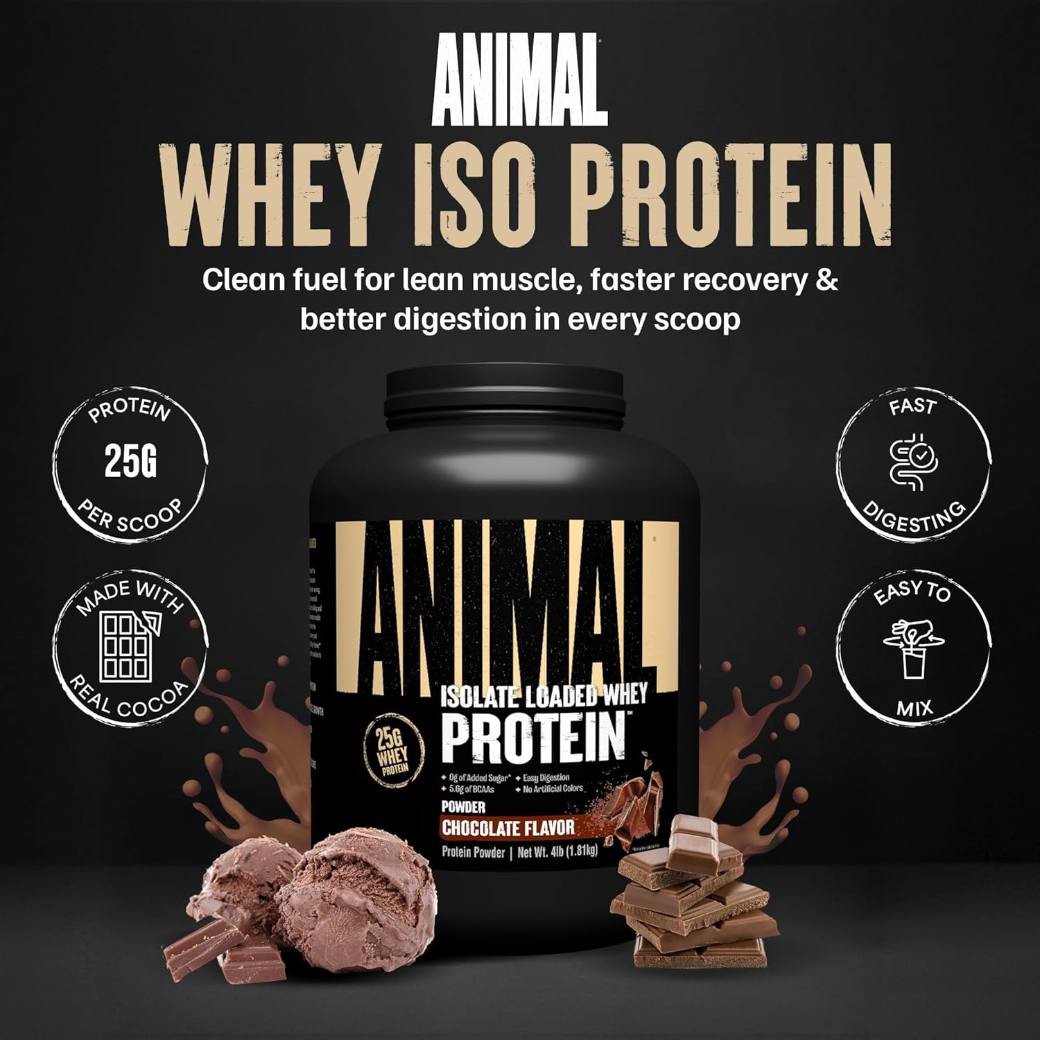 Animal Whey Isolate Protein Powder - Loaded for Pre & Post Workout Muscle Builder and Recovery with Digestive Enzymes for Men & Women - 25g Protein, Great Taste, Low Sugar - Chocolate 4 lbs