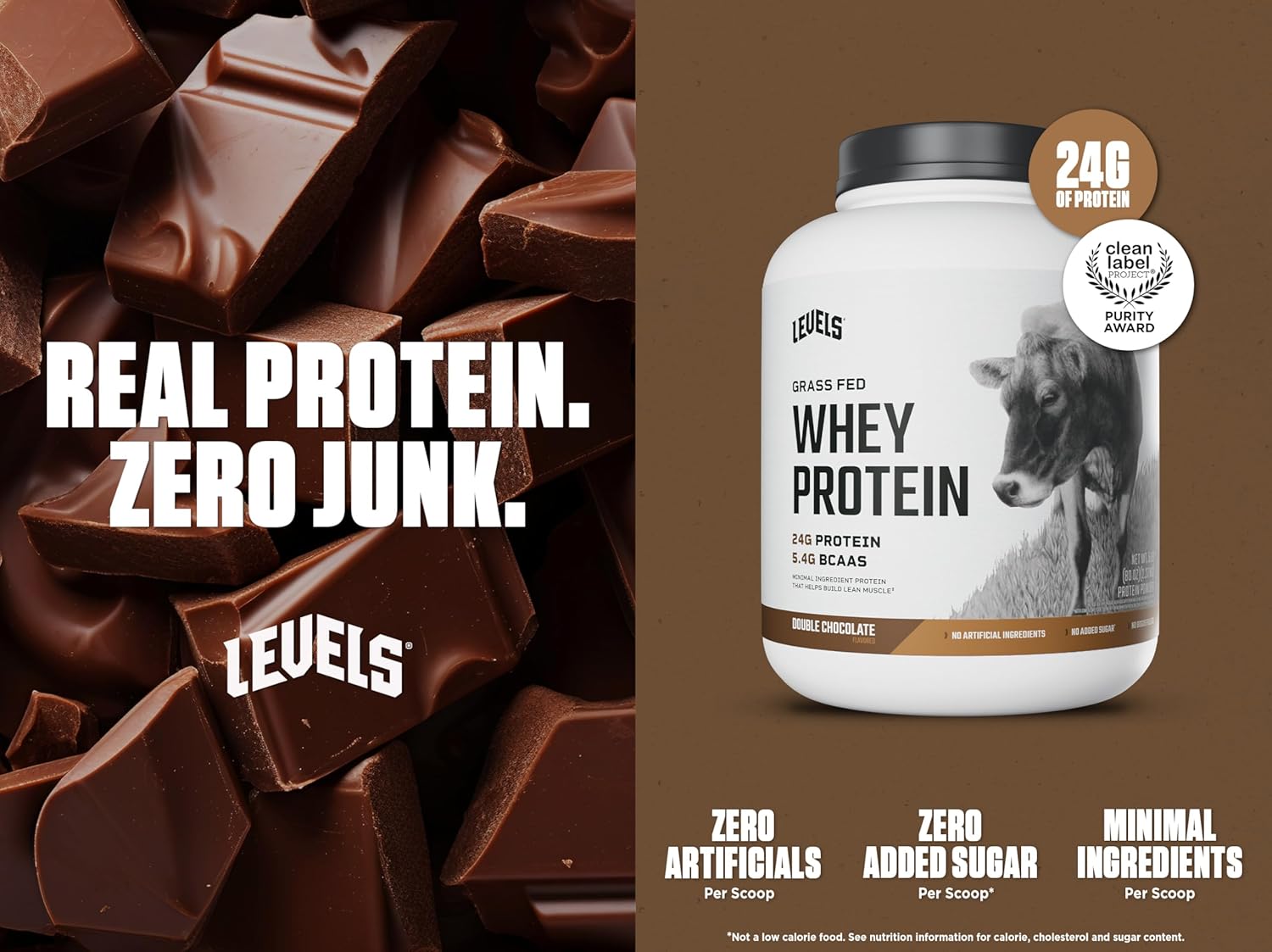 Levels Grass Fed Whey Protein Powder, No Artificials, 24G of Protein, Double Chocolate, 5LB