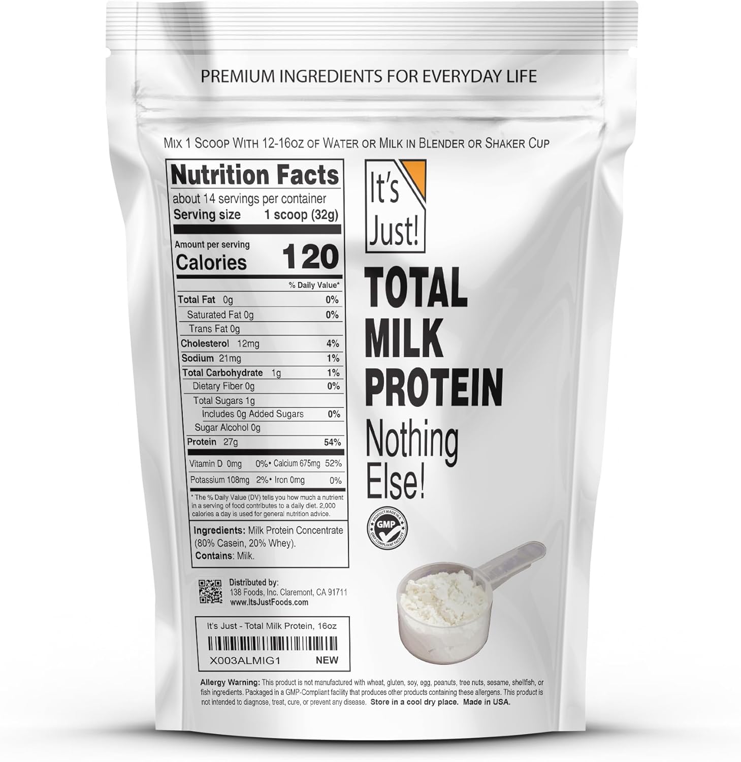 It's Just! - Total Milk Protein Concentrate Powder, Naturally 80% Casein / 20% Whey, rBSH/RBST Hormone Free, No Added Sugar, MPC-85 (1 Pound, Unflavored)
