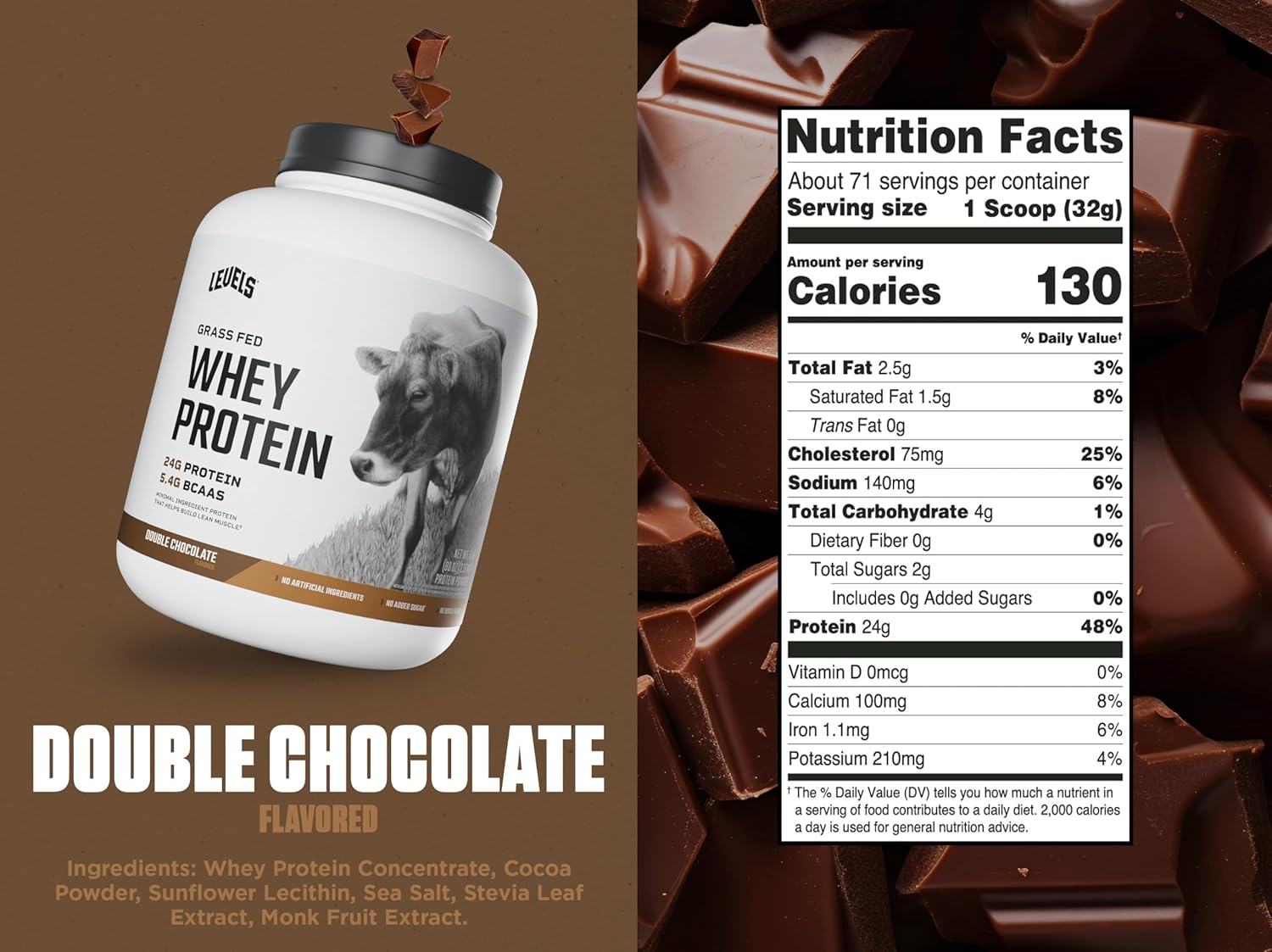 Alternative view of Levels Grass Fed Whey Protein Powder, No Artificials, 24G of Protein, Double Chocolate, 5LB