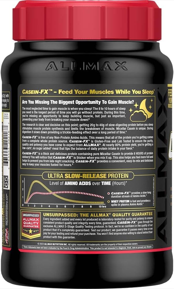 ALLMAX Casein-FX Protein, Vanilla - 2 lb - 25 Grams of Slow-Release Protein Per Scoop - Low Carb & Zero Added Sugar - Approximate 27 Servings