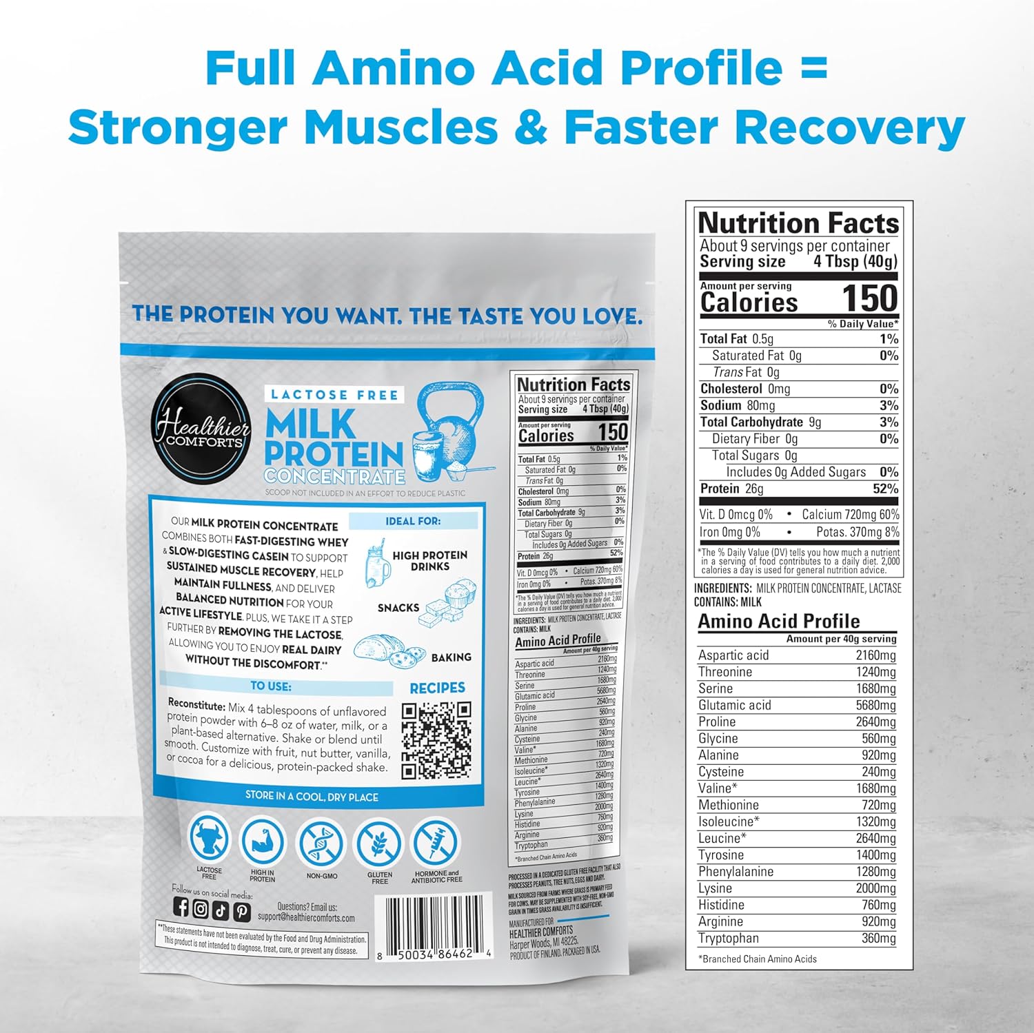 Alternative view of Healthier Comforts Lactose Free Milk Protein Concentrate Powder (Unflavored) | 80% Casein, 20% Whey | High Protein, Non-GMO, Hormone Free, Kosher, Gluten Free | Baking, Creamer, Shakes (12oz)