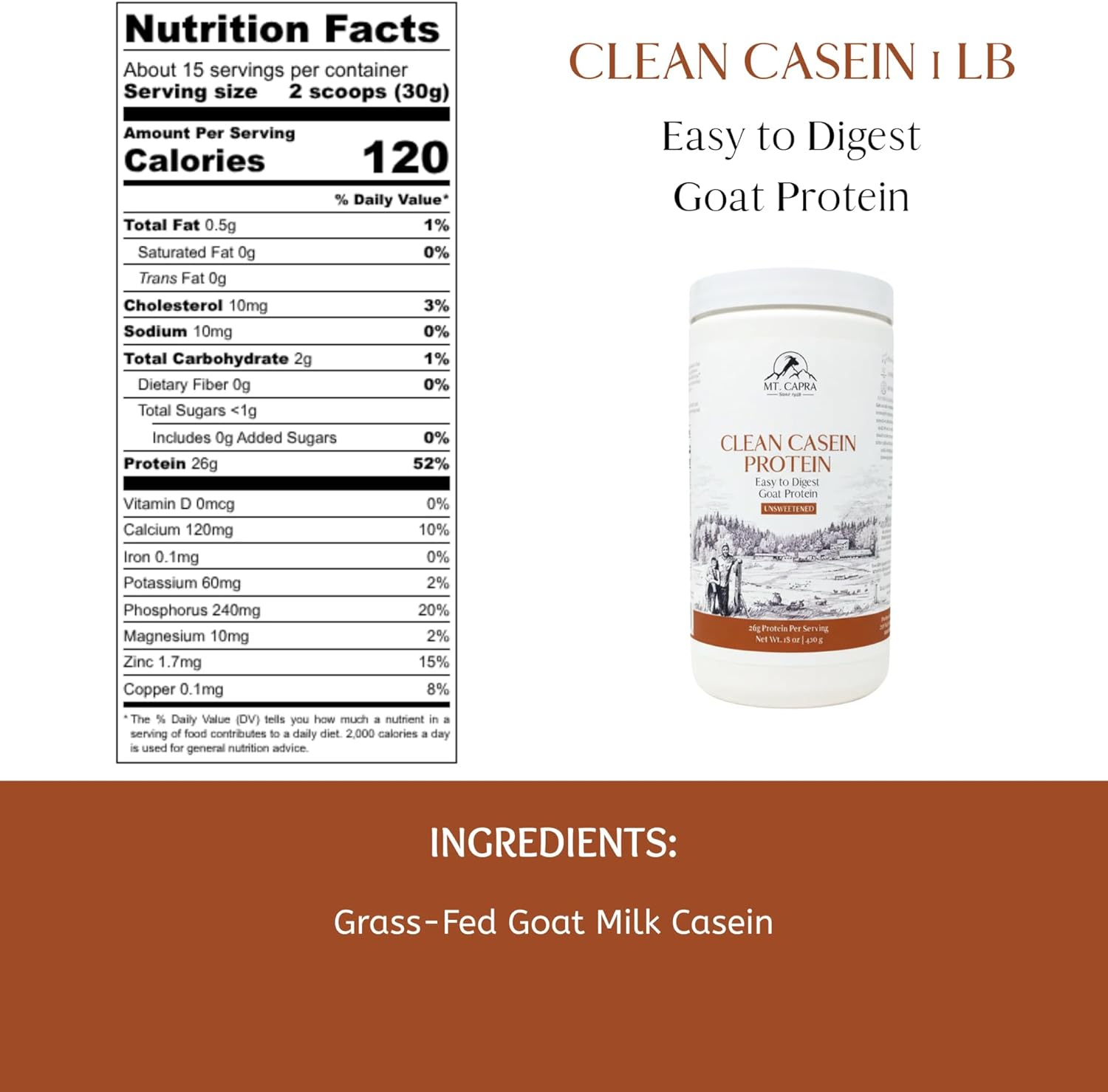 Mt. Capra Clean Casein Protein Easy-to-Digest Goat Casein Protein, 26 G Protein, Slow-Digesting Protein | Unsweetened, 1 lb (15 Servings)