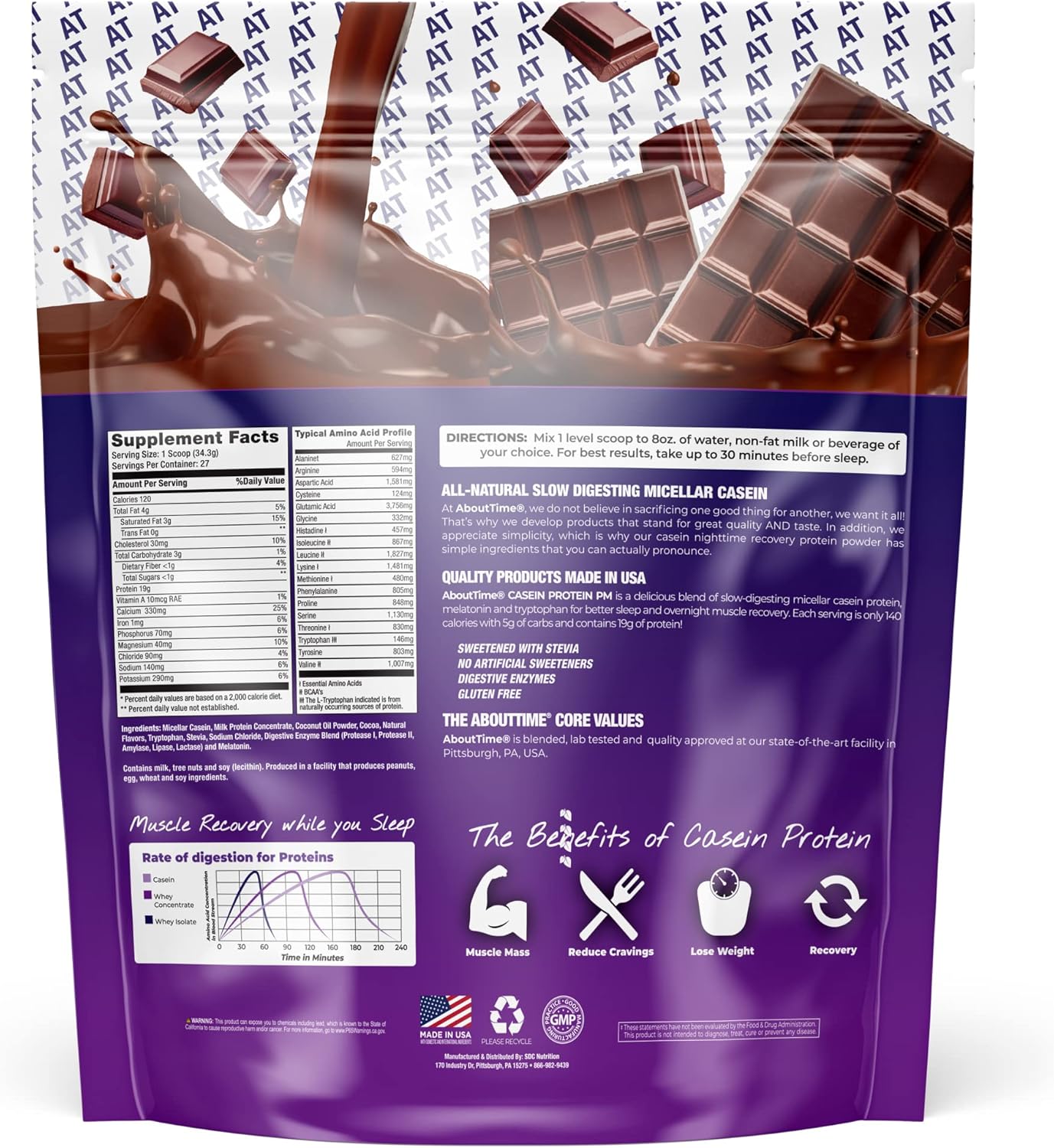 About Time Casein Protein Chocolate, 19g Protein, Nighttime Recovery Formula, No Artificial Sweeteners, No Growth Hormones