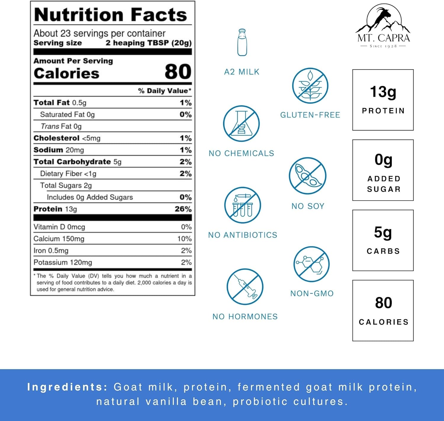 Mt. Capra Caprotein | Casein Protein Concentrate, Fermented Goat Milk Protein from Grass-Fed Pastured Goats, Extremely Easy to Digest | Vanilla Bean | 23 Servings - 16 oz