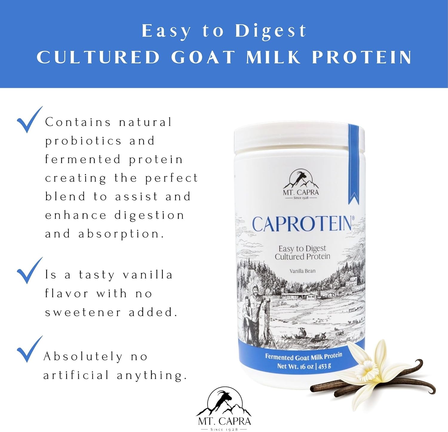 Alternative view of Mt. Capra Caprotein | Casein Protein Concentrate, Fermented Goat Milk Protein from Grass-Fed Pastured Goats, Extremely Easy to Digest | Vanilla Bean | 23 Servings - 16 oz