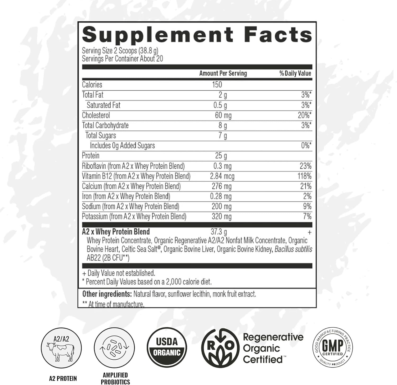 VICERA A2 Protein Powder, Vanilla Creme, 25 G Protein per Serving, Organic A2/A2 Whey Casein Blend with Probiotics and Celtic Sea Salt, Gluten Free Workout Supplement, Non GMO, 20 Servings, 27.4 Oz