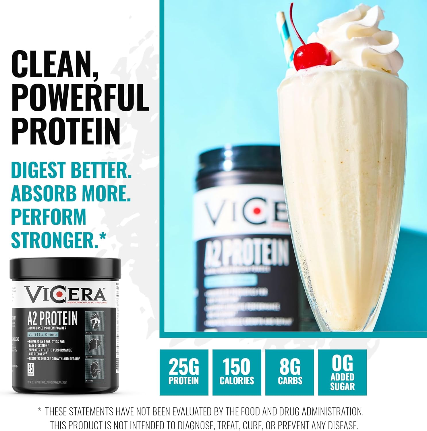 Alternative view of VICERA A2 Protein Powder, Vanilla Creme, 25 G Protein per Serving, Organic A2/A2 Whey Casein Blend with Probiotics and Celtic Sea Salt, Gluten Free Workout Supplement, Non GMO, 20 Servings, 27.4 Oz