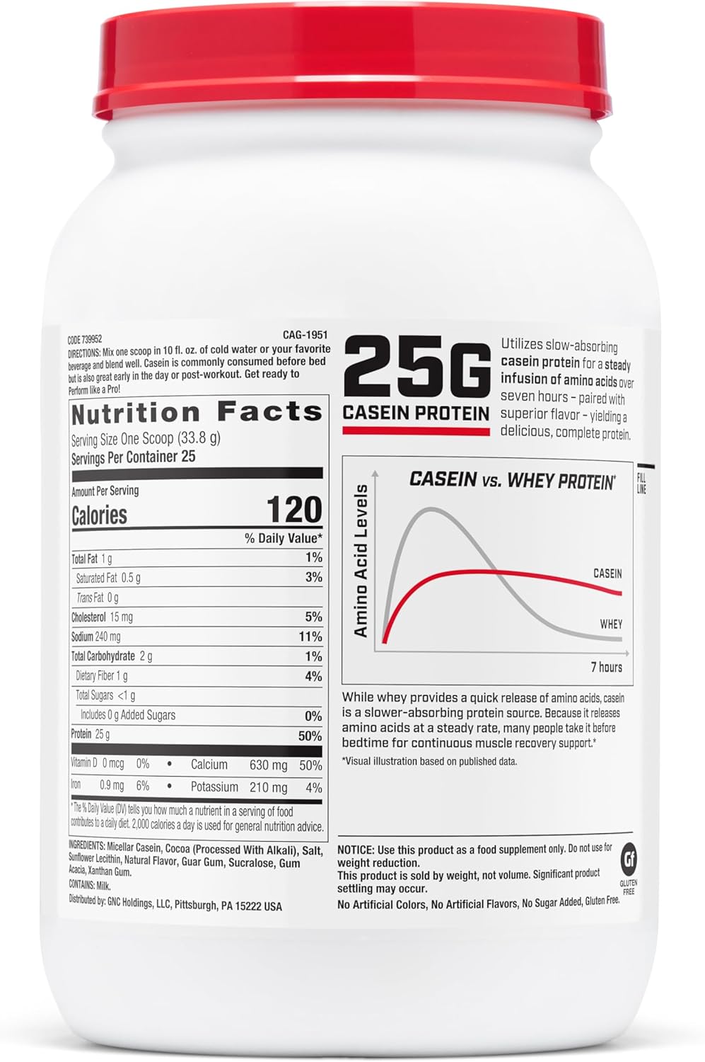 GNC Pro Performance 100% Casein Protein Powder, 25g Protein, Supports Sustained Muscle Strength, Recovery, Slow Digesting, Gluten Free, 3rd Party Tested, Chocolate Supreme, 28 Servings