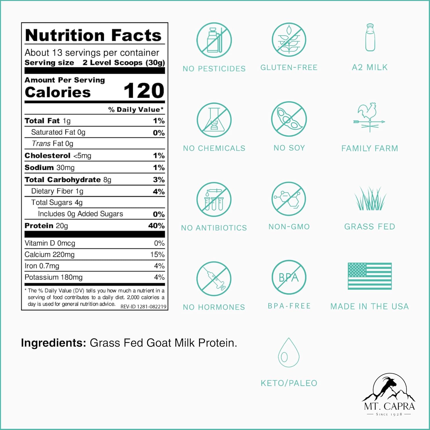 Mt. Capra Clean Whole Protein | Grass-Fed Goat Protein with Whey and Casein Protein | No Bloat, Build and Maintain Muscle, 20 g Protein per Serving, No Sweeteners | 13 Servings - 400 g