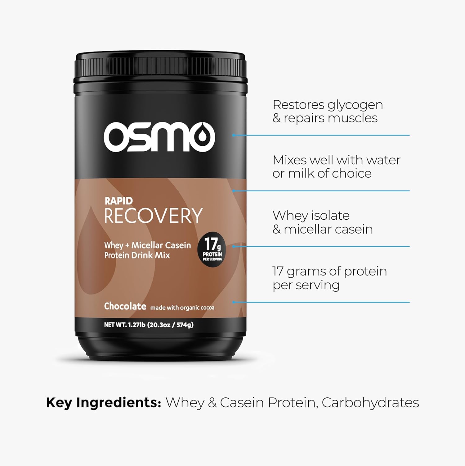 Osmo Rapid Recovery - Whey & Micellar Casein Protein Powder Blend with Carbohydrates & Caffeine, All Natural Ingredients, Enables Muscle Repair & Boosts Glycogen Restoration - Chocolate, 14 Servings